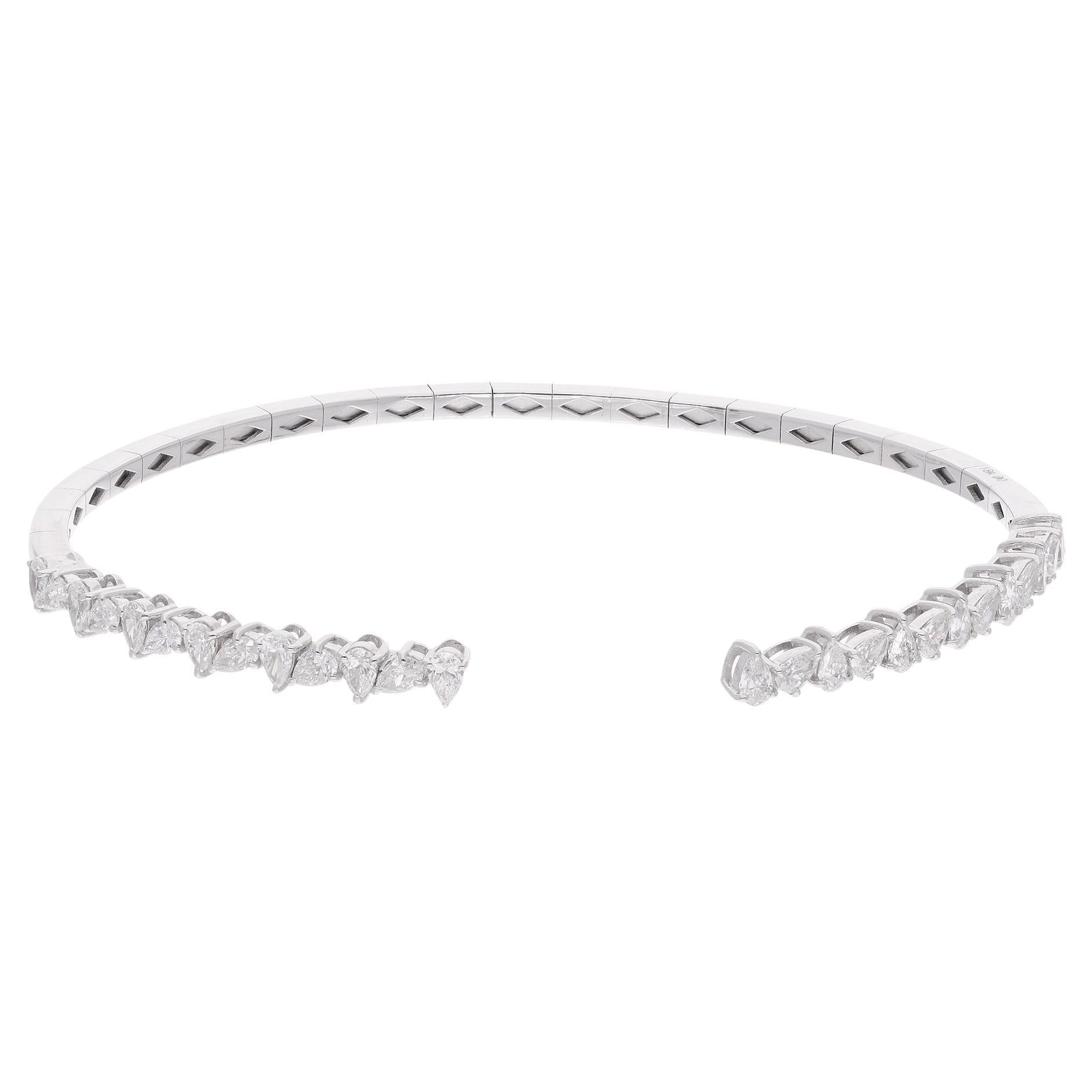 Pear Shape Diamond Cuff Bangle Bracelet 18 Karat White Gold Handmade Jewelry For Sale