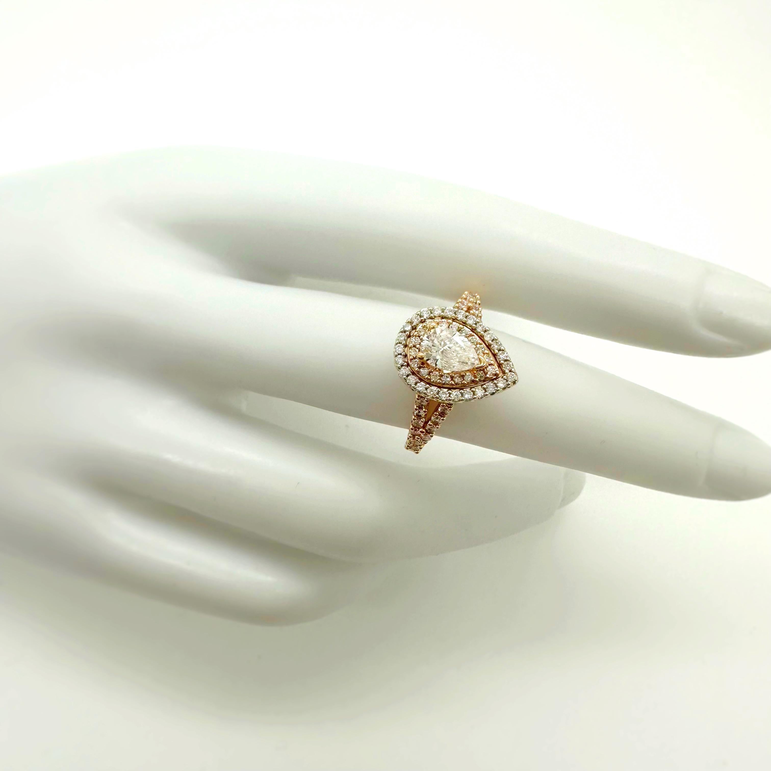 Anello di fidanzamento con diamante a forma di pera a doppio alone ~1,13 tcw Oro bianco e rosa 14K in vendita 5