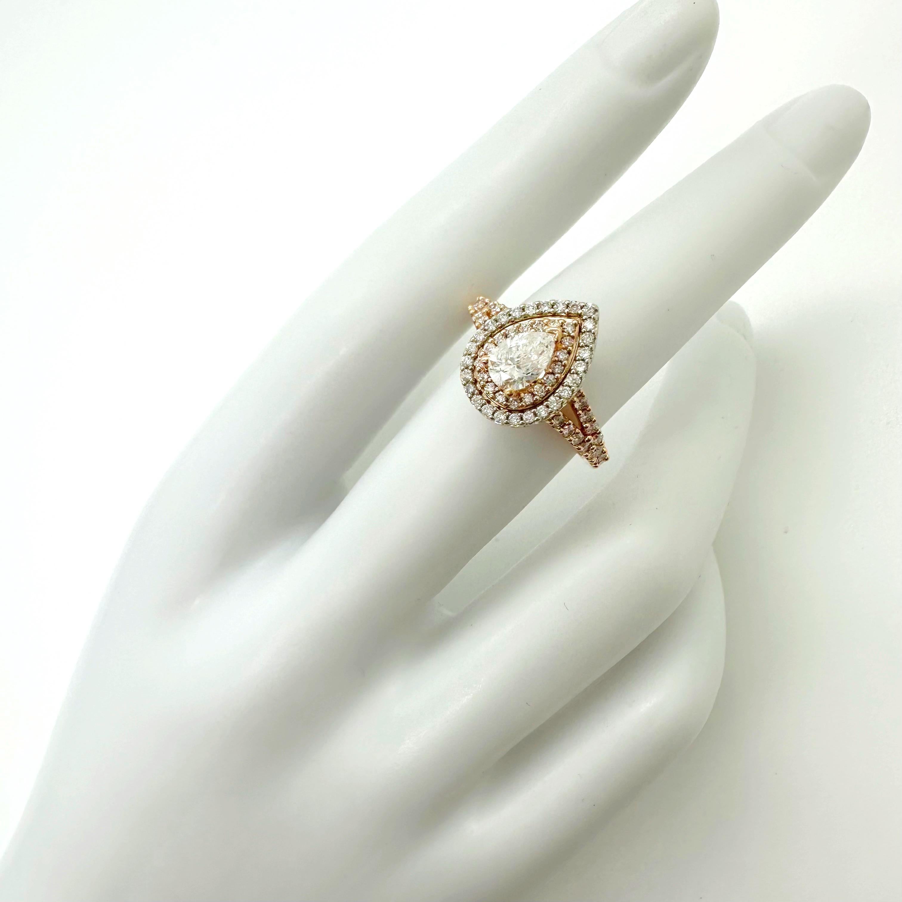 Anello di fidanzamento con diamante a forma di pera a doppio alone ~1,13 tcw Oro bianco e rosa 14K in vendita 6