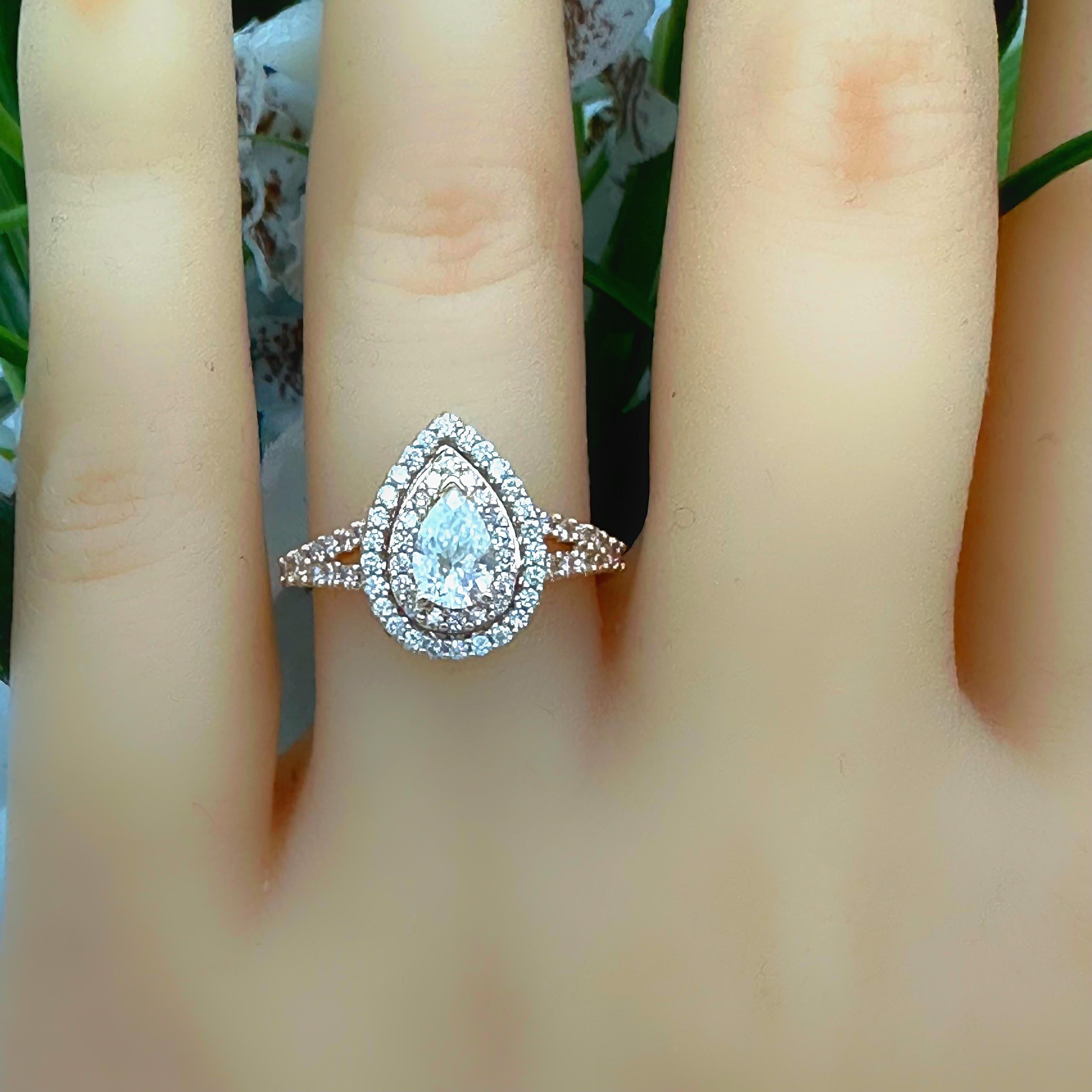 Anello di fidanzamento con diamante a forma di pera a doppio alone ~1,13 tcw Oro bianco e rosa 14K in vendita 7