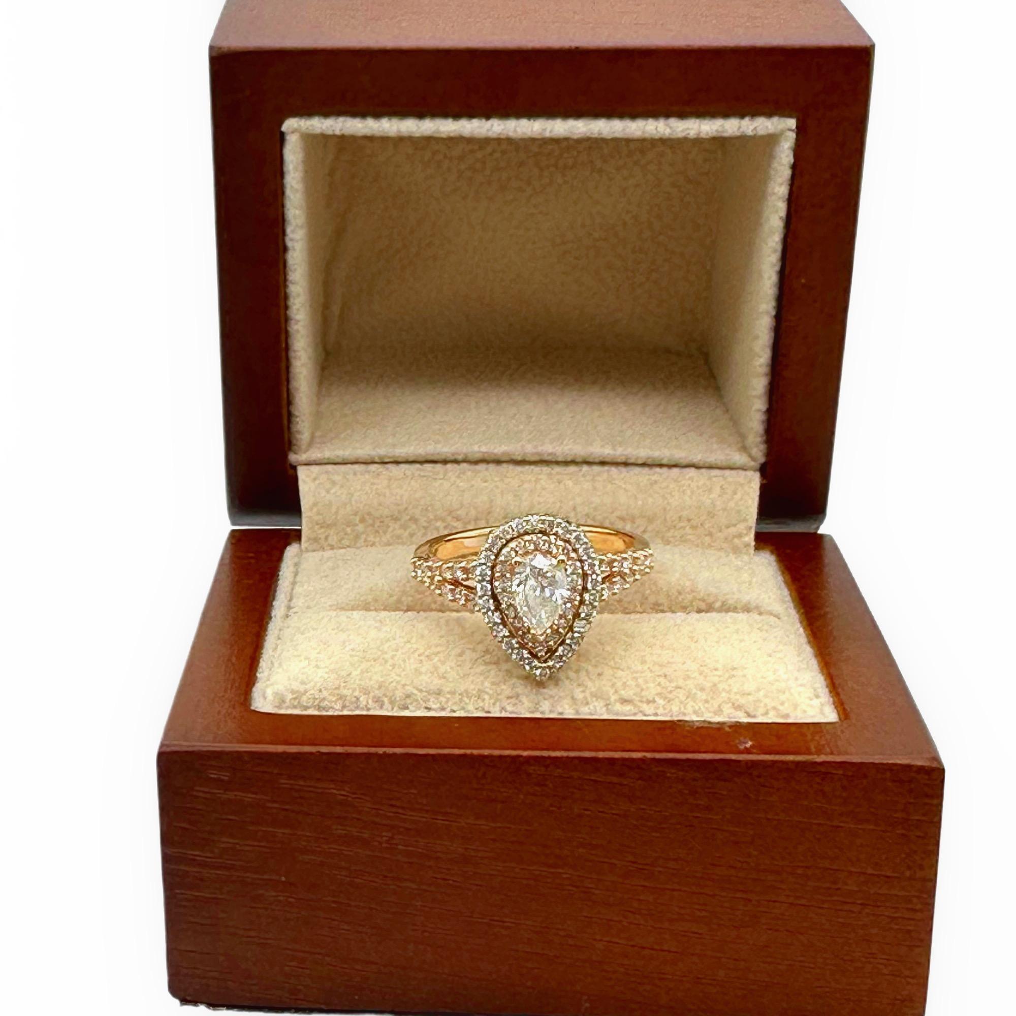 Anello di fidanzamento con diamante a forma di pera a doppio alone ~1,13 tcw Oro bianco e rosa 14K In condizioni ottime in vendita a San Diego, CA