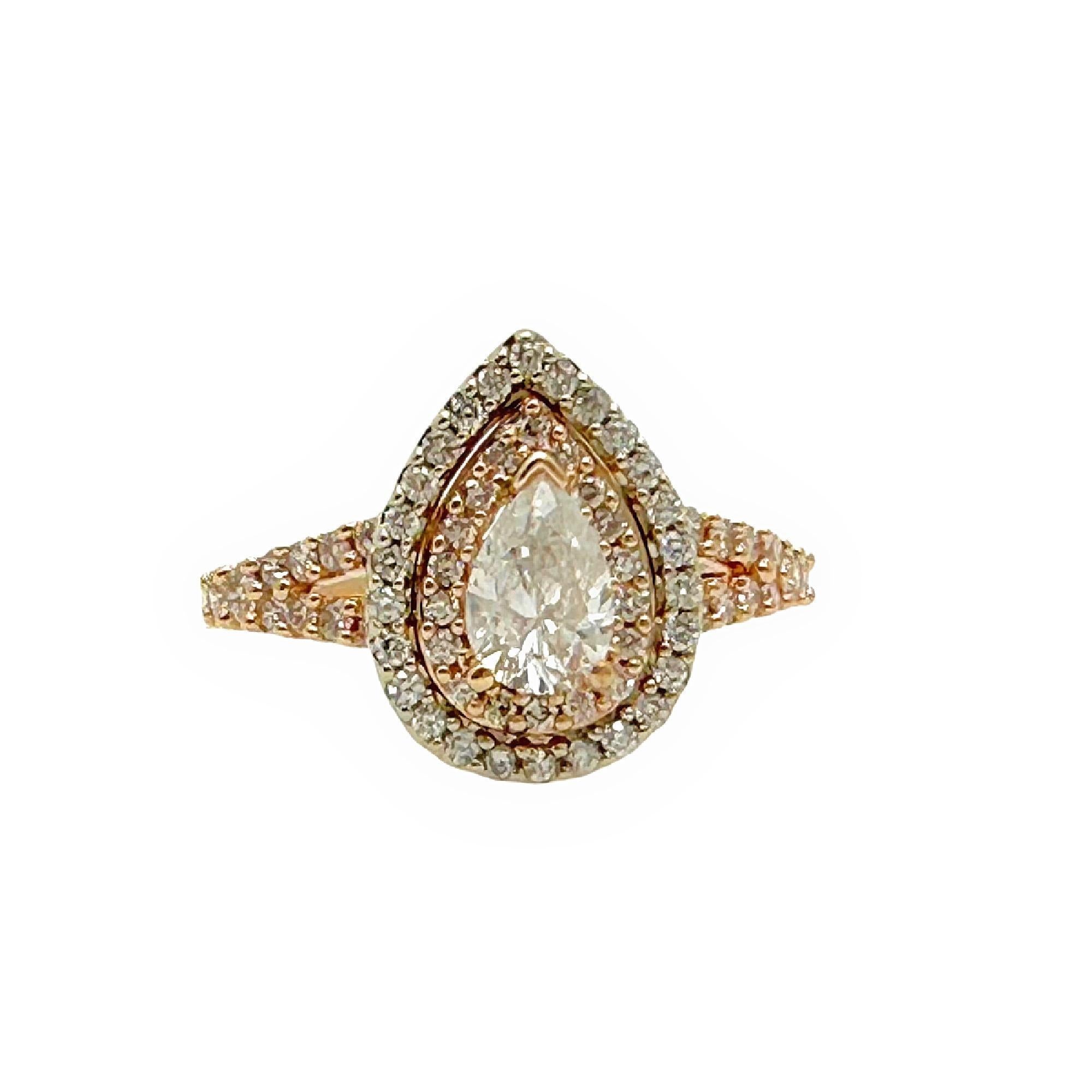 Anello di fidanzamento con diamante a forma di pera a doppio alone ~1,13 tcw Oro bianco e rosa 14K in vendita 1
