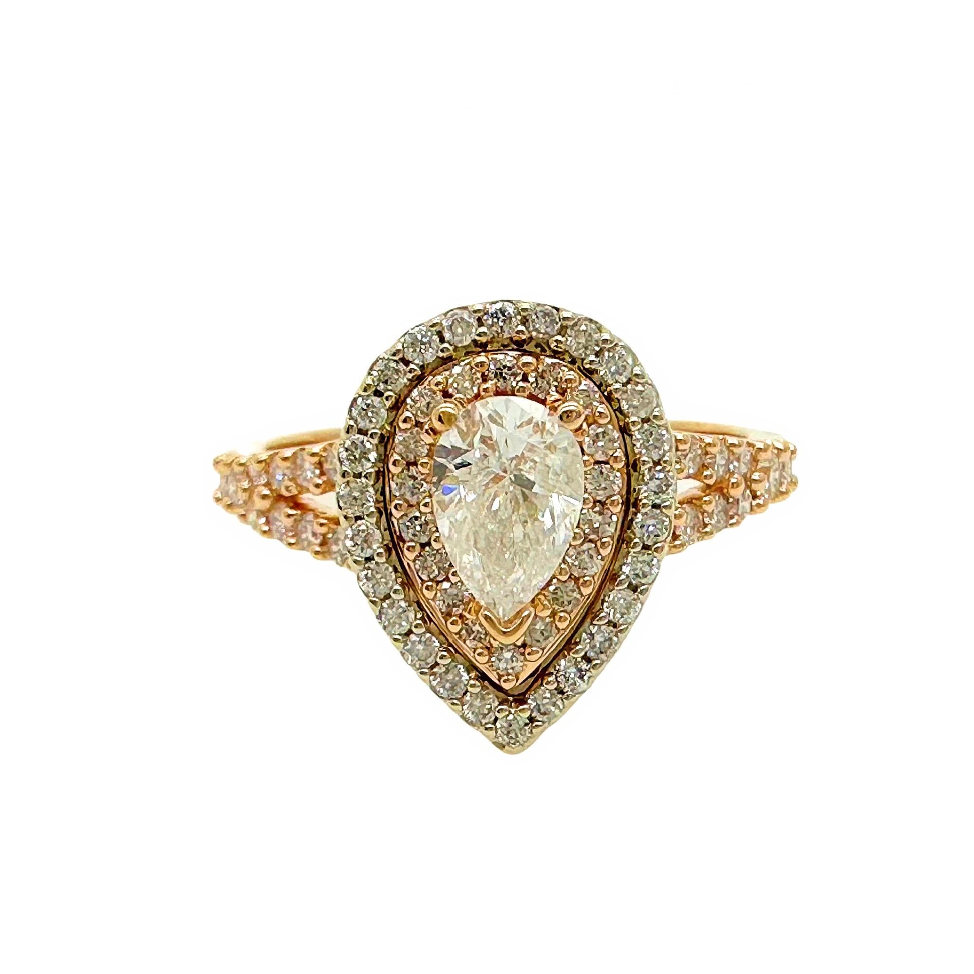Anello di fidanzamento con diamante a forma di pera a doppio alone ~1,13 tcw Oro bianco e rosa 14K in vendita 3