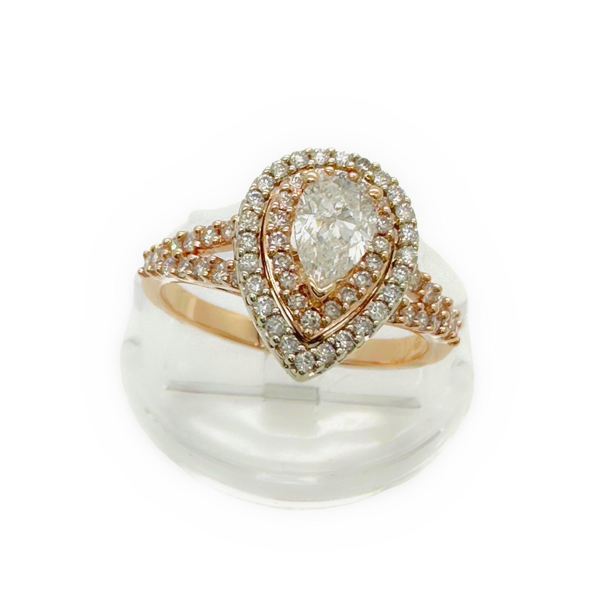 Anello di fidanzamento con diamante a forma di pera a doppio alone ~1,13 tcw Oro bianco e rosa 14K in vendita 4