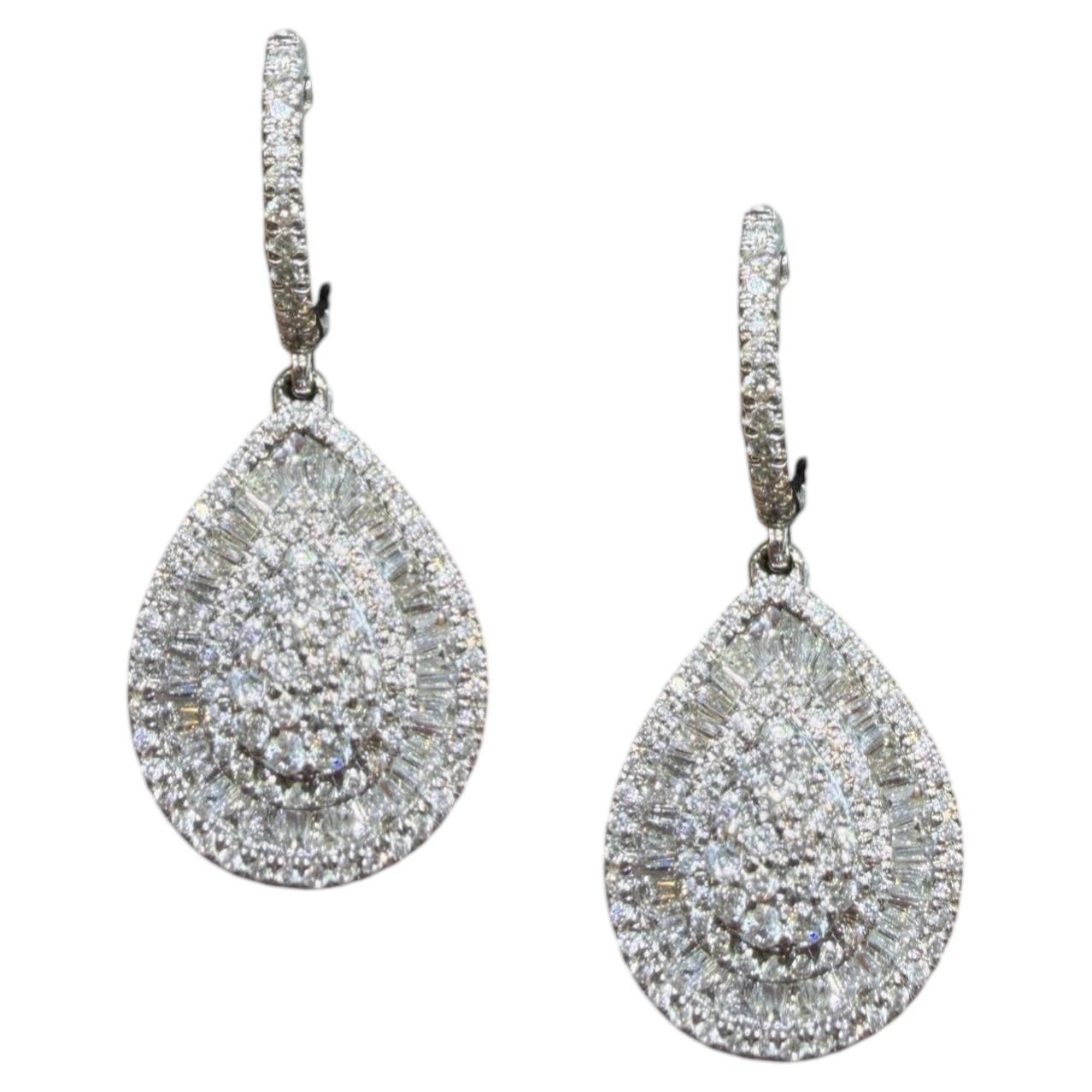 Pear Shape Diamond Drop Earrings 1.90 Carat 14K White Gold Baguette