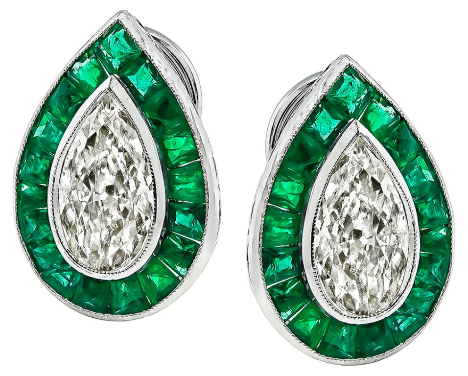 Pear Cut Pear Shape Diamond Emerald Platinum Earrings