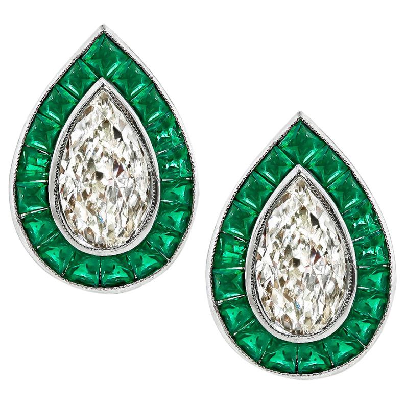 Pear Shape Diamond Emerald Platinum Earrings