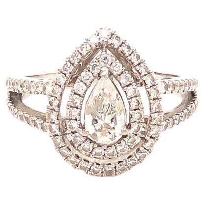Pear Shape Diamond Engagement Double Halo Ring with Split Shank, 1.08 Carats For Sale