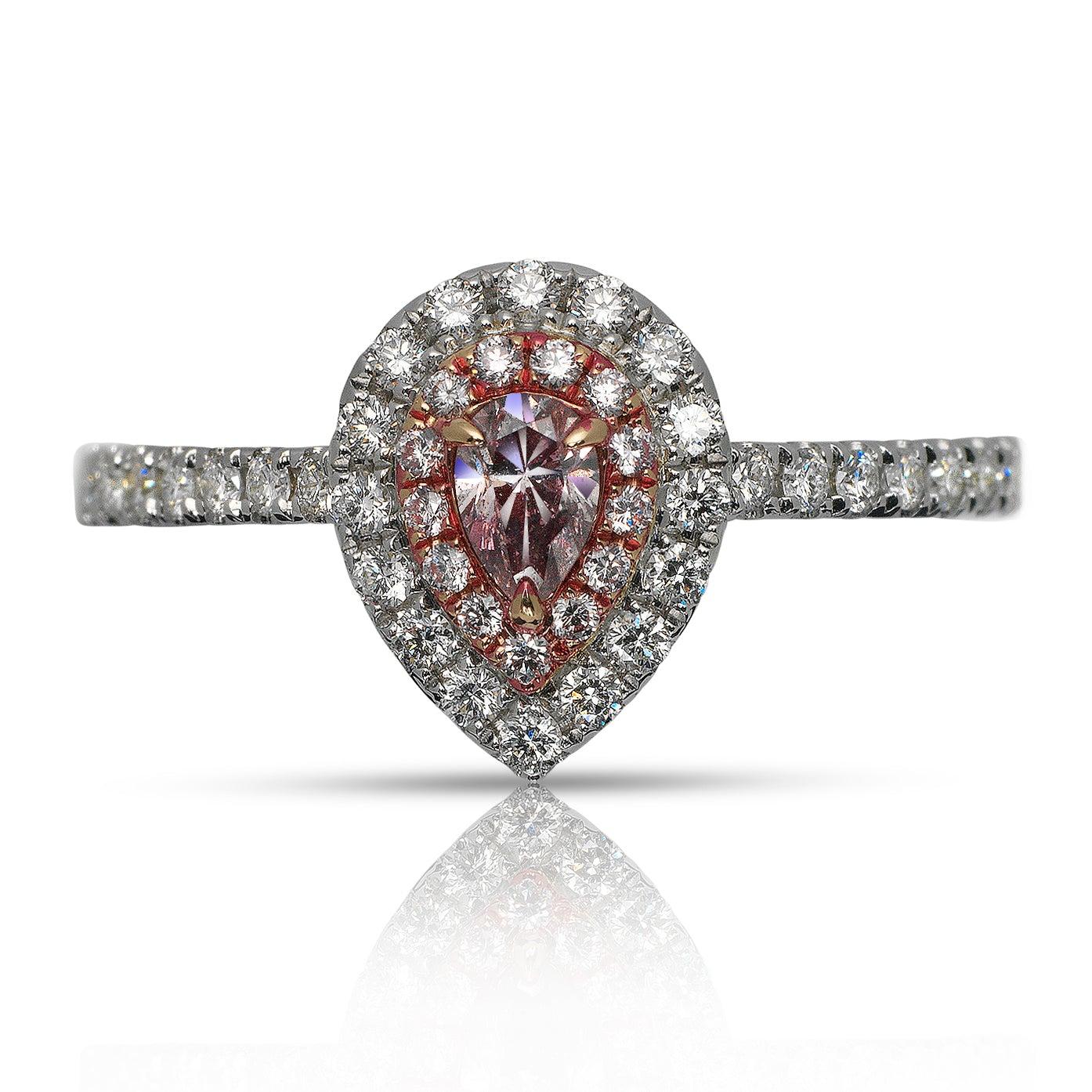 SWAN HALO PEAR SHAPE FANCY PINK DIAMOND ENGAGEMENT RING BY MIKE NEKTA 
GIA CERTIFIED

Center Diamond:
Carat Weight: 0.15 Carats
Color : FANCY INTENSE PURPLISH PINK  -FIPP
Color Origin: NATURAL
Color Distribution : EVEN
Style: PEAR