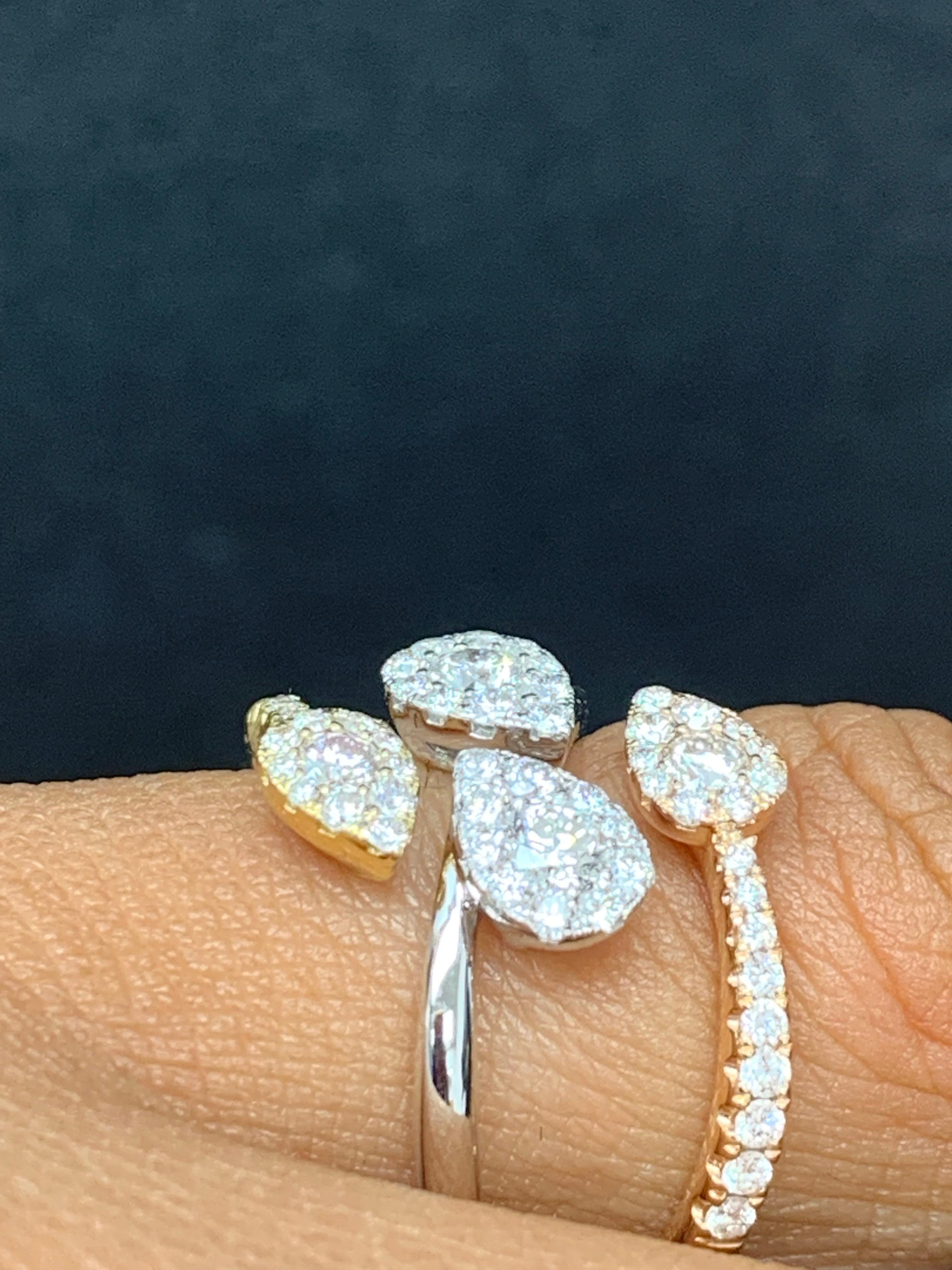 Pear Shape Diamond Halo Bypass Ring in 18K Mix Gold In New Condition For Sale In NEW YORK, NY
