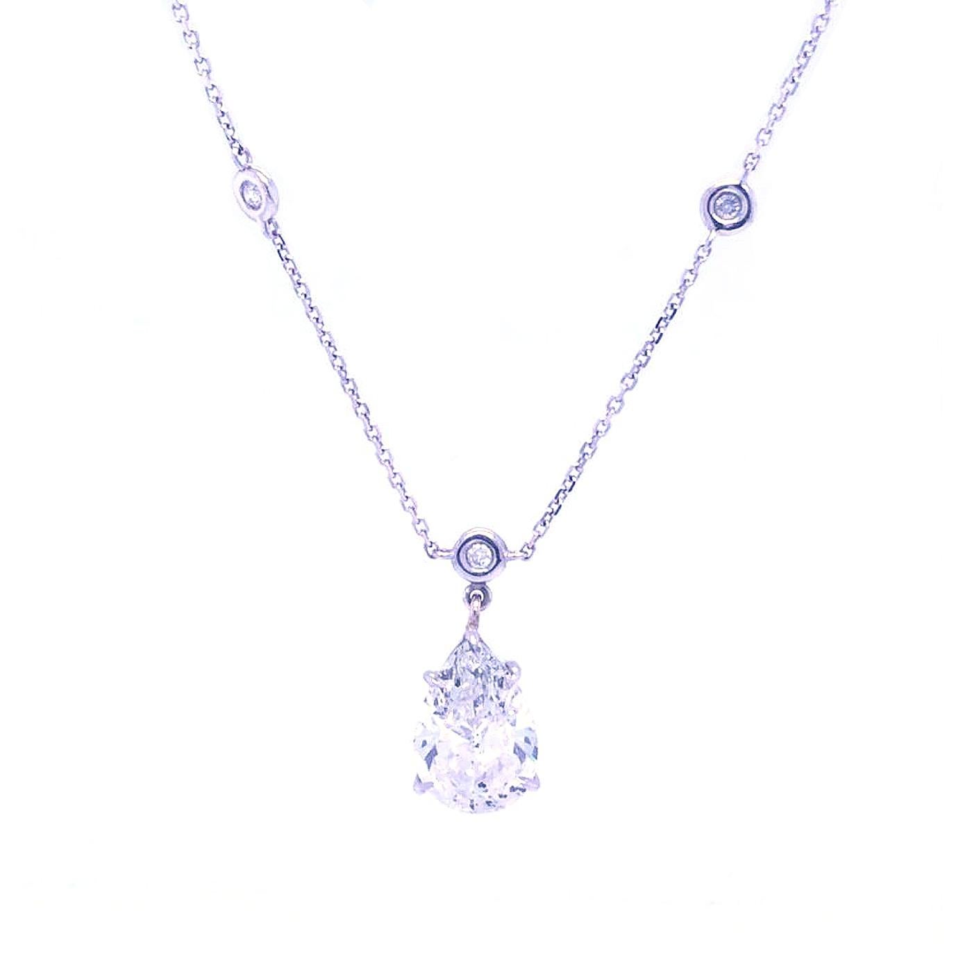 Modernist Pear Shape Diamond Link Chain Necklace Pendant Dangling 14K White Gold 2.65ct 4g