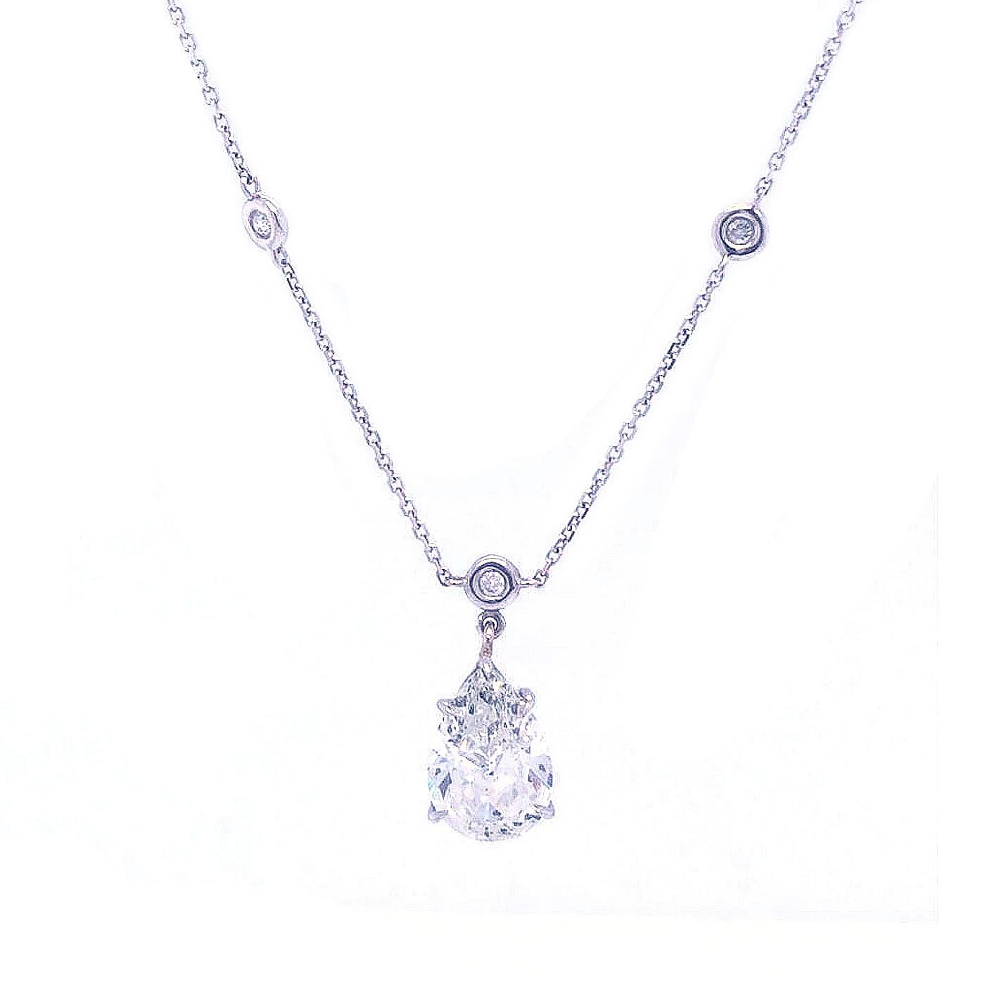 Pear Cut Pear Shape Diamond Link Chain Necklace Pendant Dangling 14K White Gold 2.65ct 4g