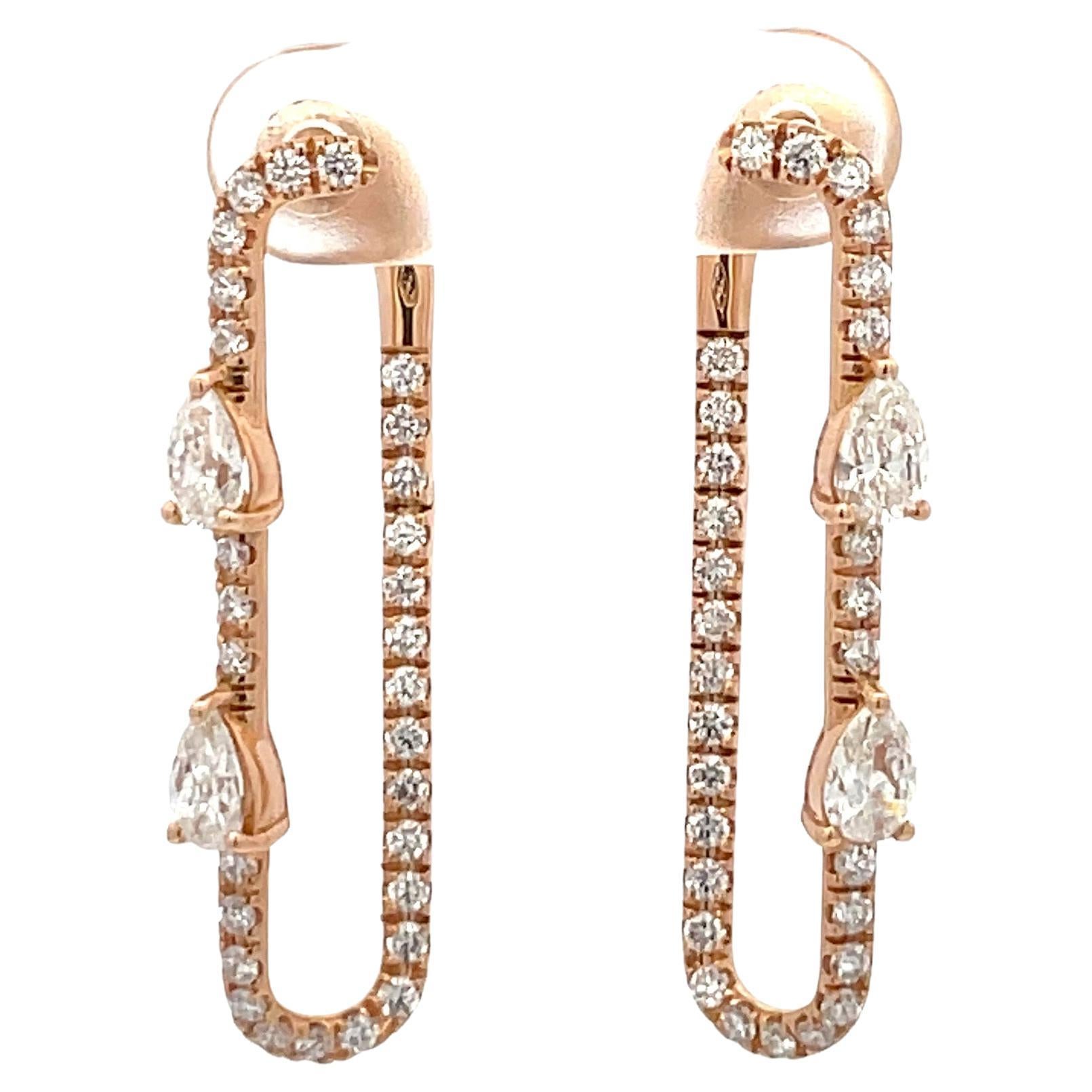 Pear Shape Diamond Paperclip Drop Earrings 1.95 Carats 18 Karat Rose Gold Italy For Sale