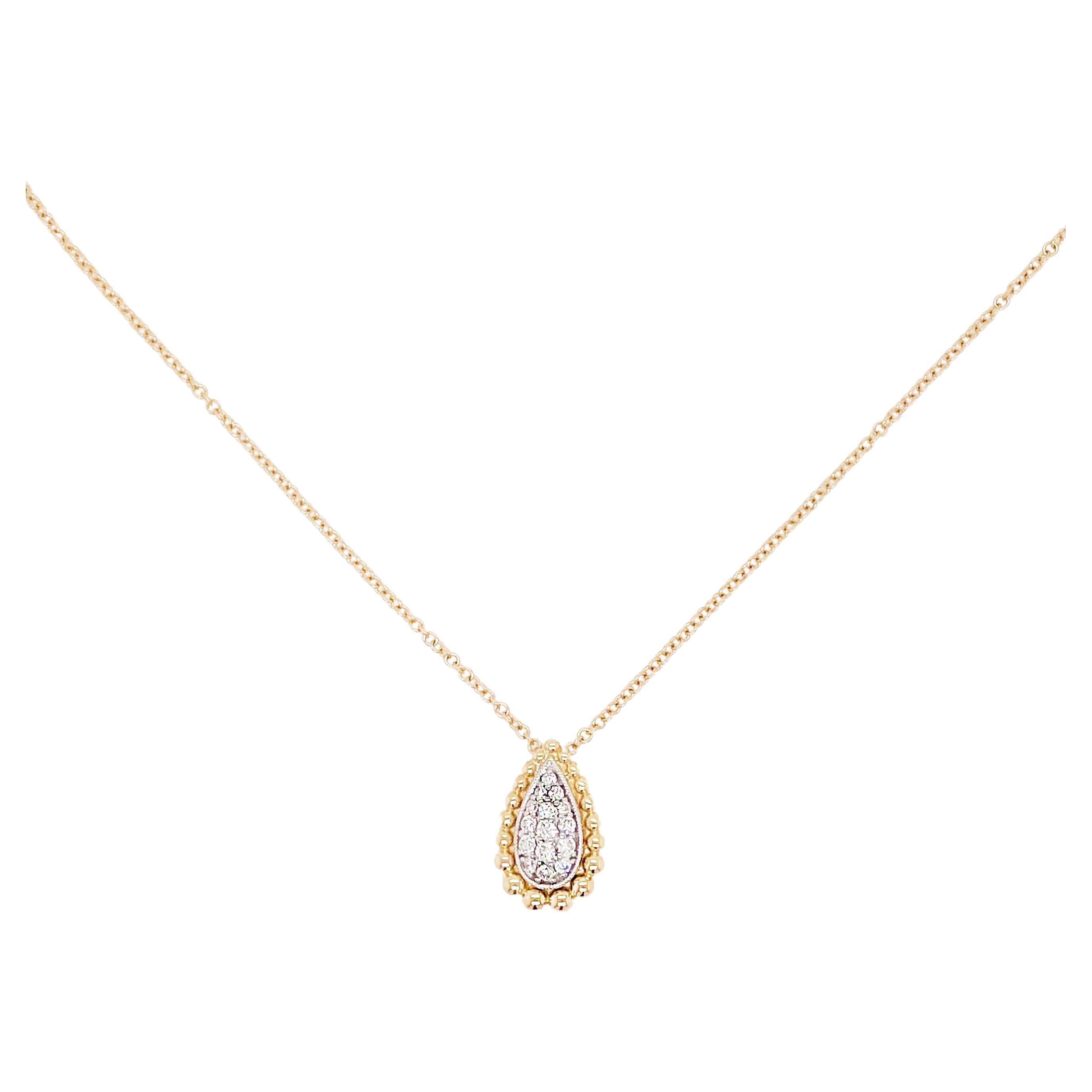 Pear Diamond Pendant Necklace, Beaded Frame, Mixed Metal, Pave Diamonds
