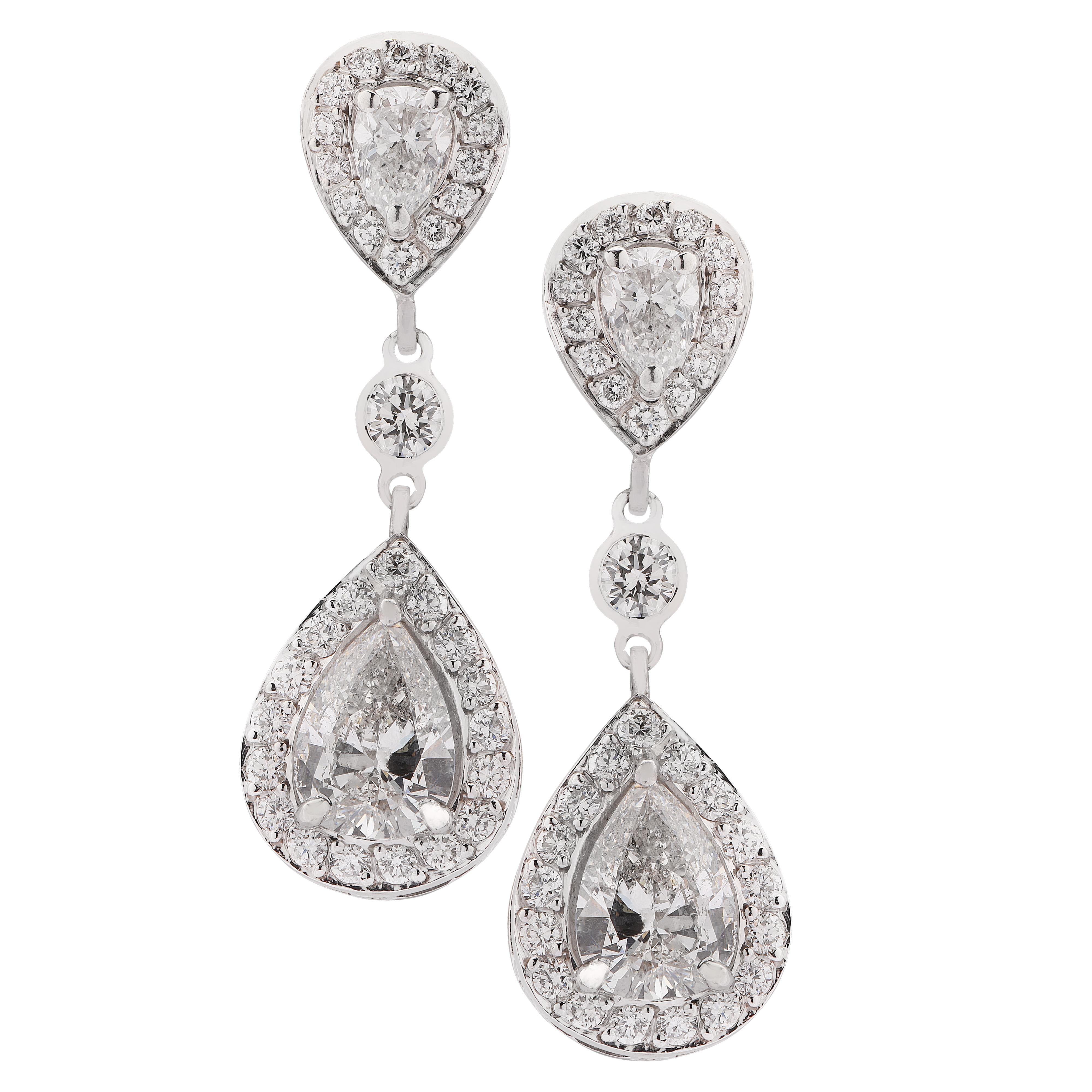 Modern Pear Round Brilliant Diamond Platinum Dangle Drop Earrings