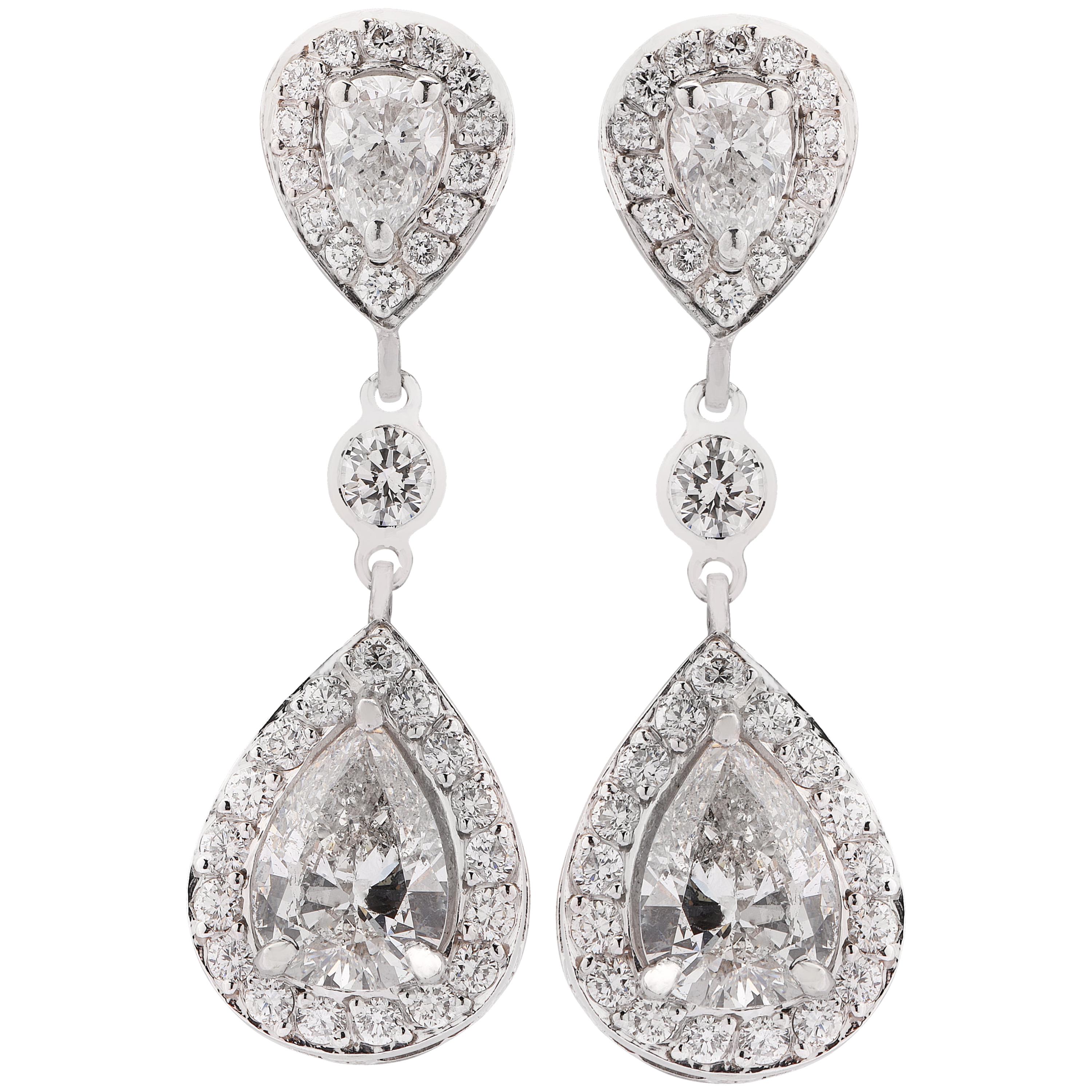 Pear Round Brilliant Diamond Platinum Dangle Drop Earrings