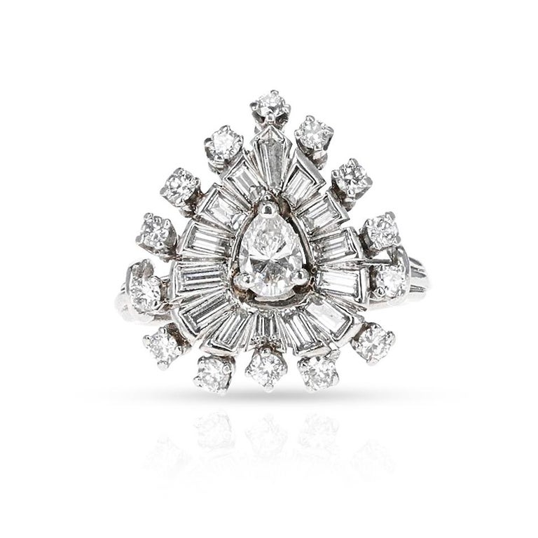 Pear Shape Diamond Ring with Baguette and Round Diamonds, Platinum For ...
