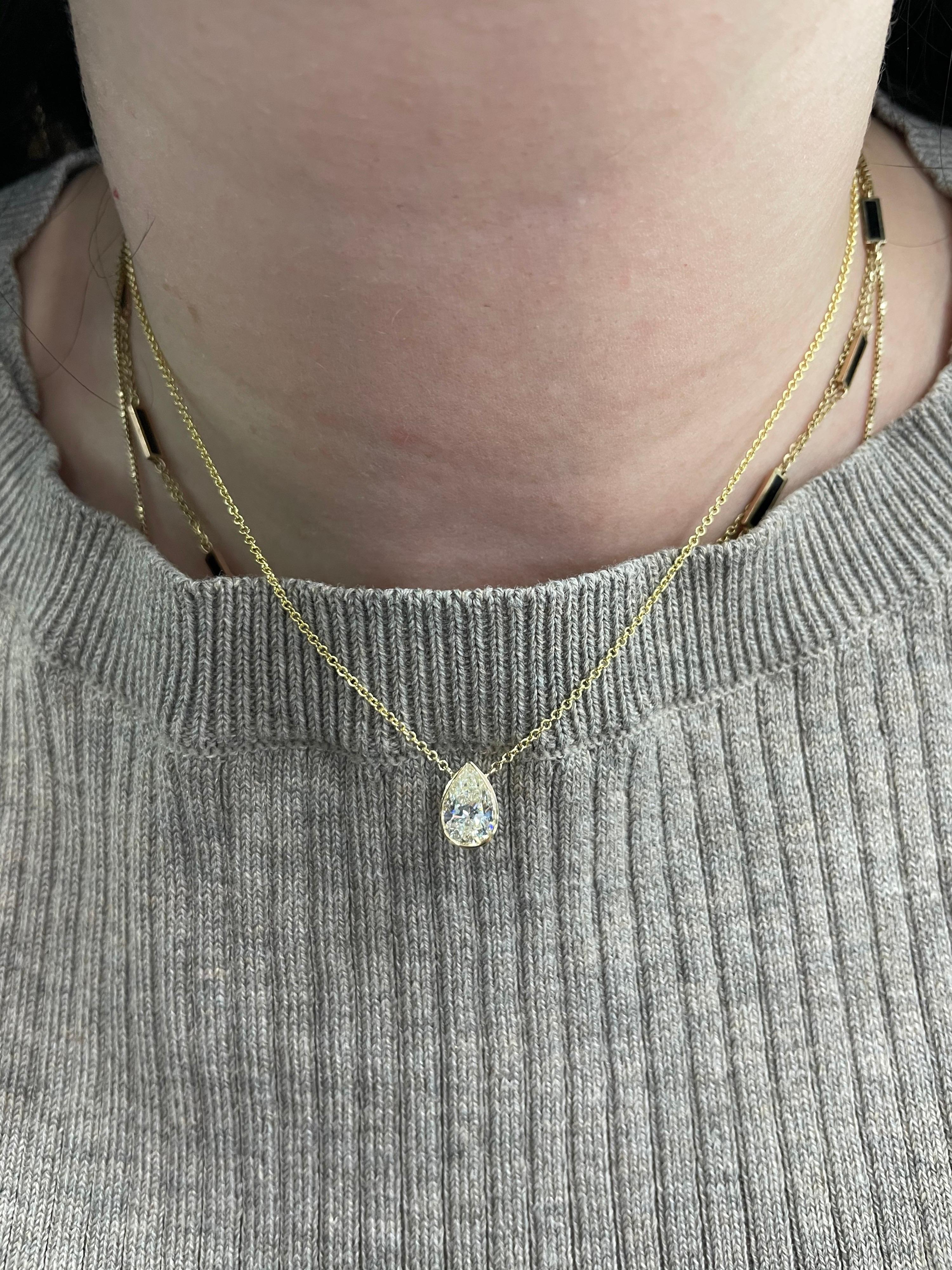 Contemporary Pear Shape Diamond Solitaire Pendant Necklace 1.32 Carats 14 Karat Yellow Gold