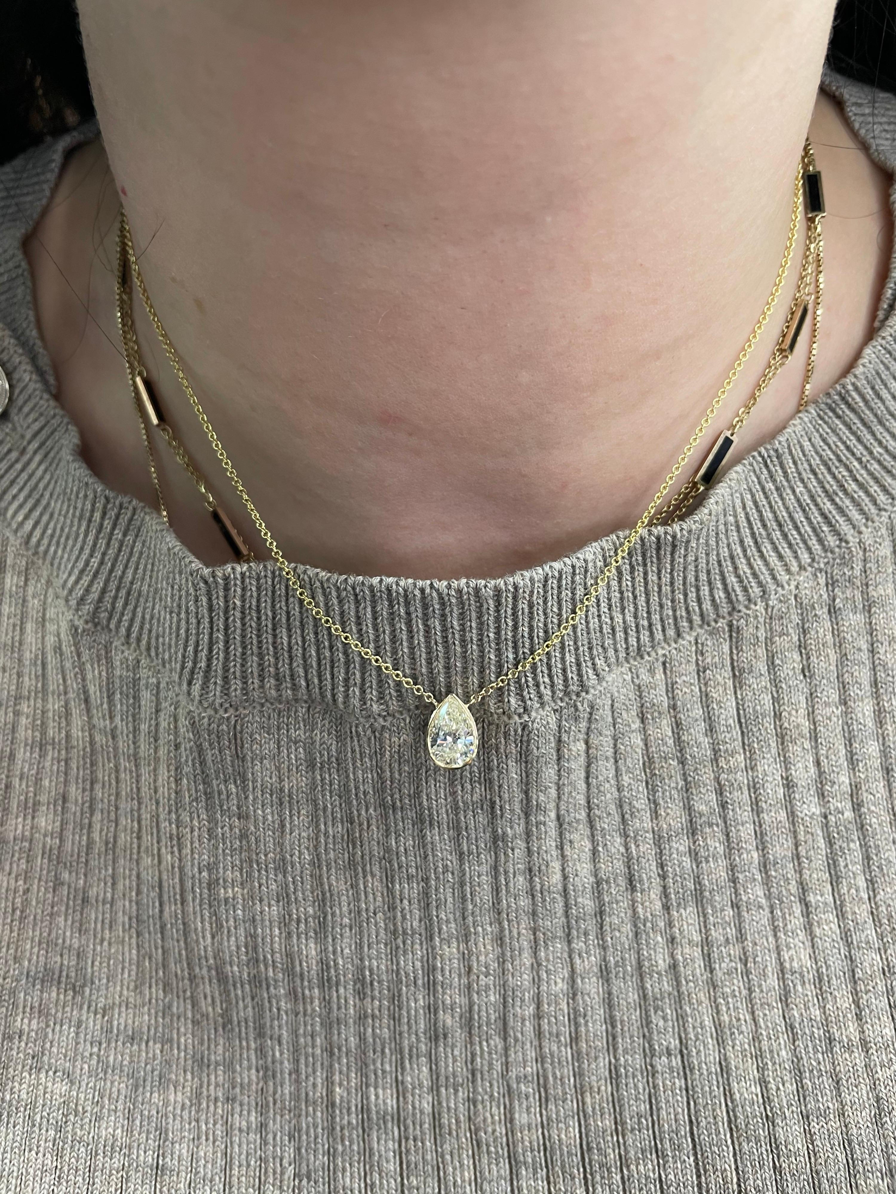 Pear Cut Pear Shape Diamond Solitaire Pendant Necklace 1.32 Carats 14 Karat Yellow Gold