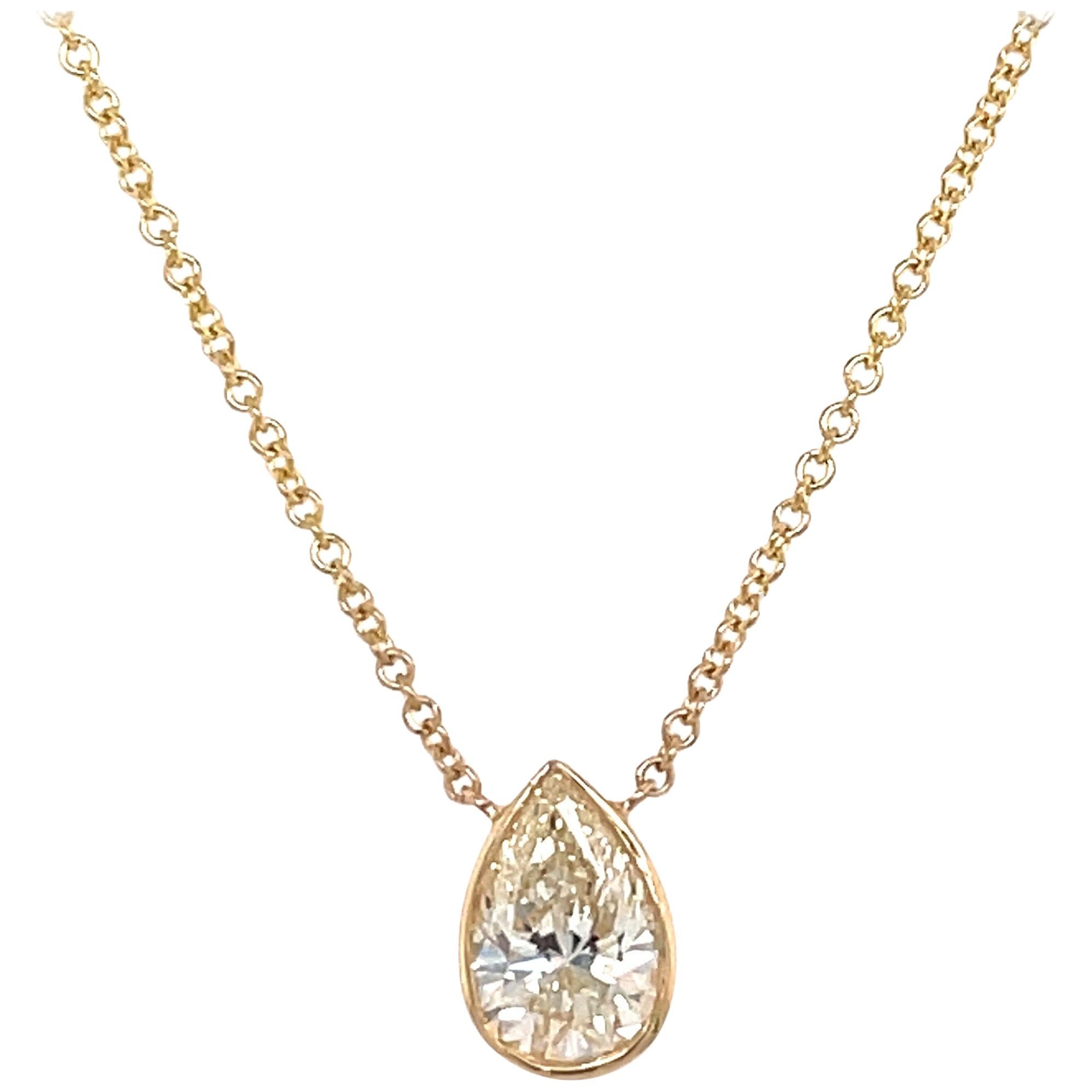 Pear Shape Diamond Solitaire Pendant Necklace 1.32 Carats 14 Karat Yellow Gold