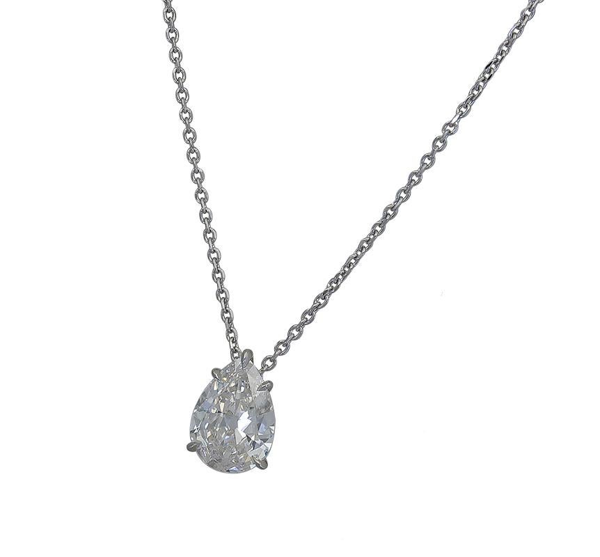 A simple and classic solitaire pendant necklace showcasing a single pear shape diamond, suspended on an adjustable 15-16 inch chain.

Custom piece available for production. Price varies based your choice of size, carat weight, price range, etc.