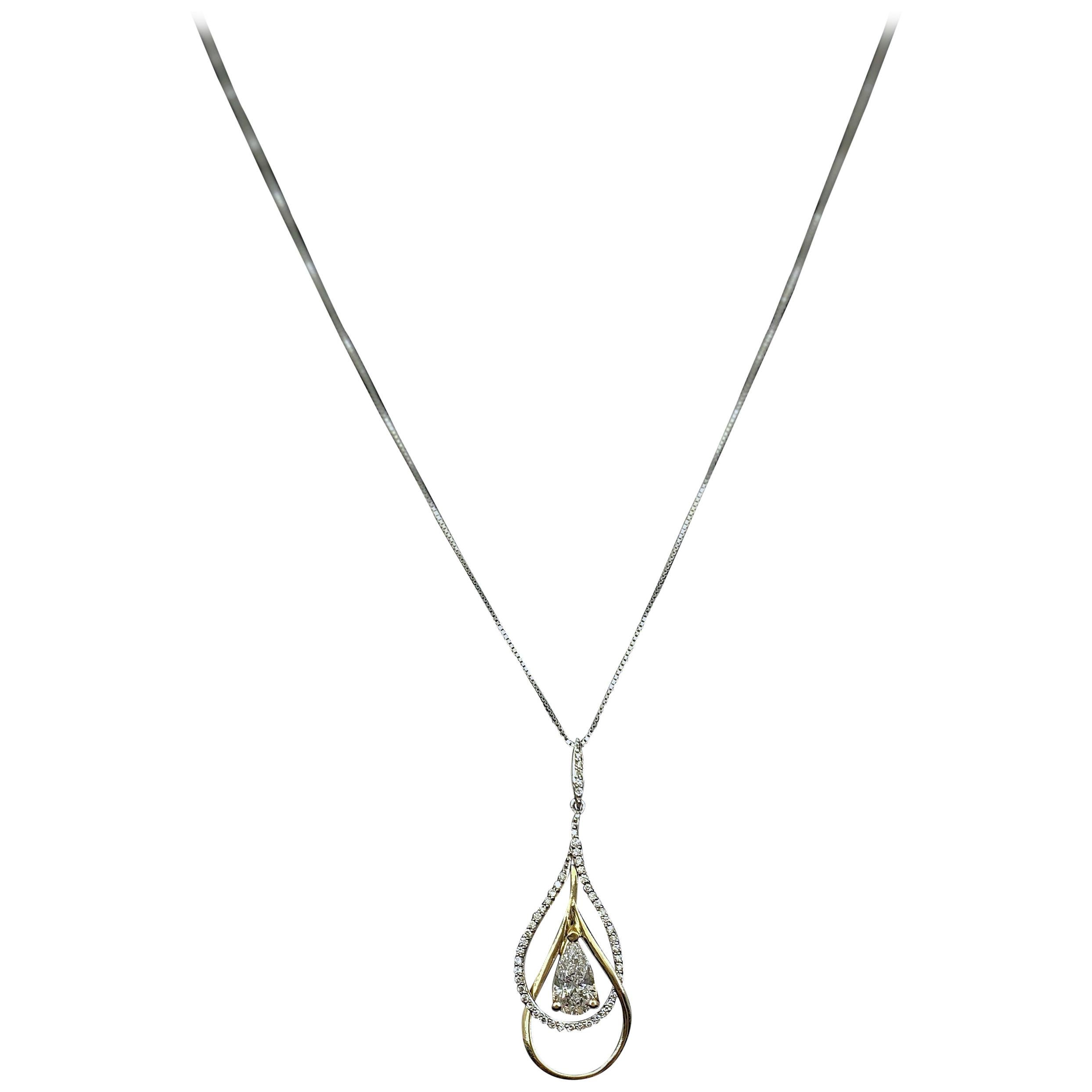 Pear Shape Diamond Tear Drop Pendant Necklace 14 Karat White Yellow Gold