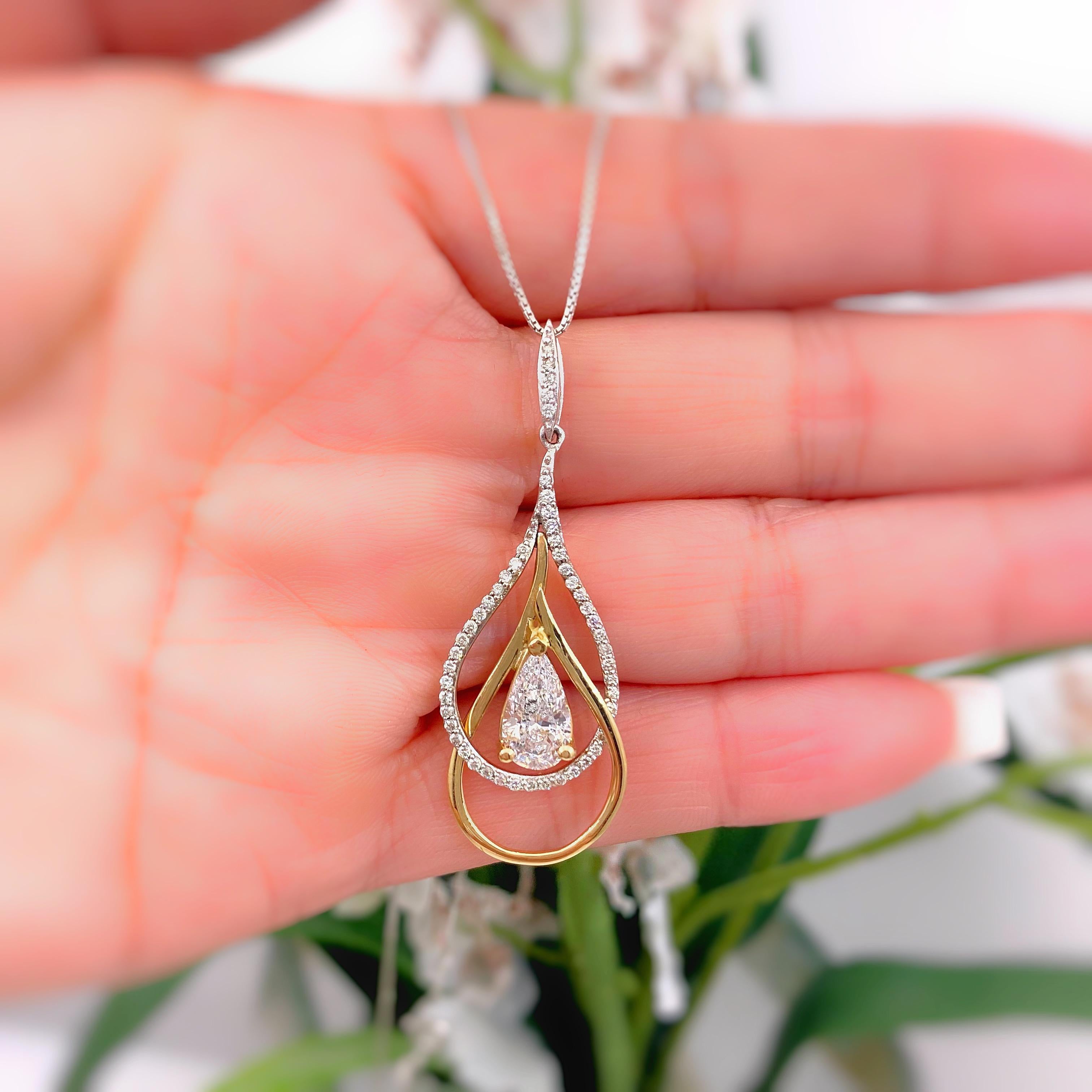 Pear Shape Diamond Tear Drop Pendant Necklace 14 Karat White Yellow Gold 2