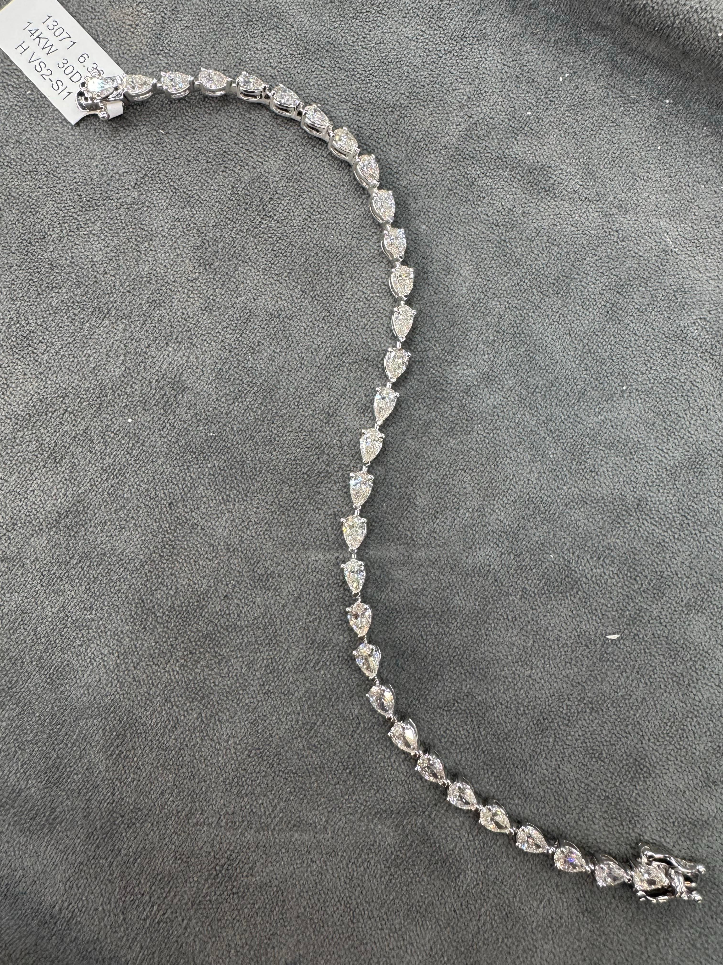 Pear Shape Diamond Tennis Bracelet 6.38 Carats 14 Karat White Gold H VS2-SI1 4