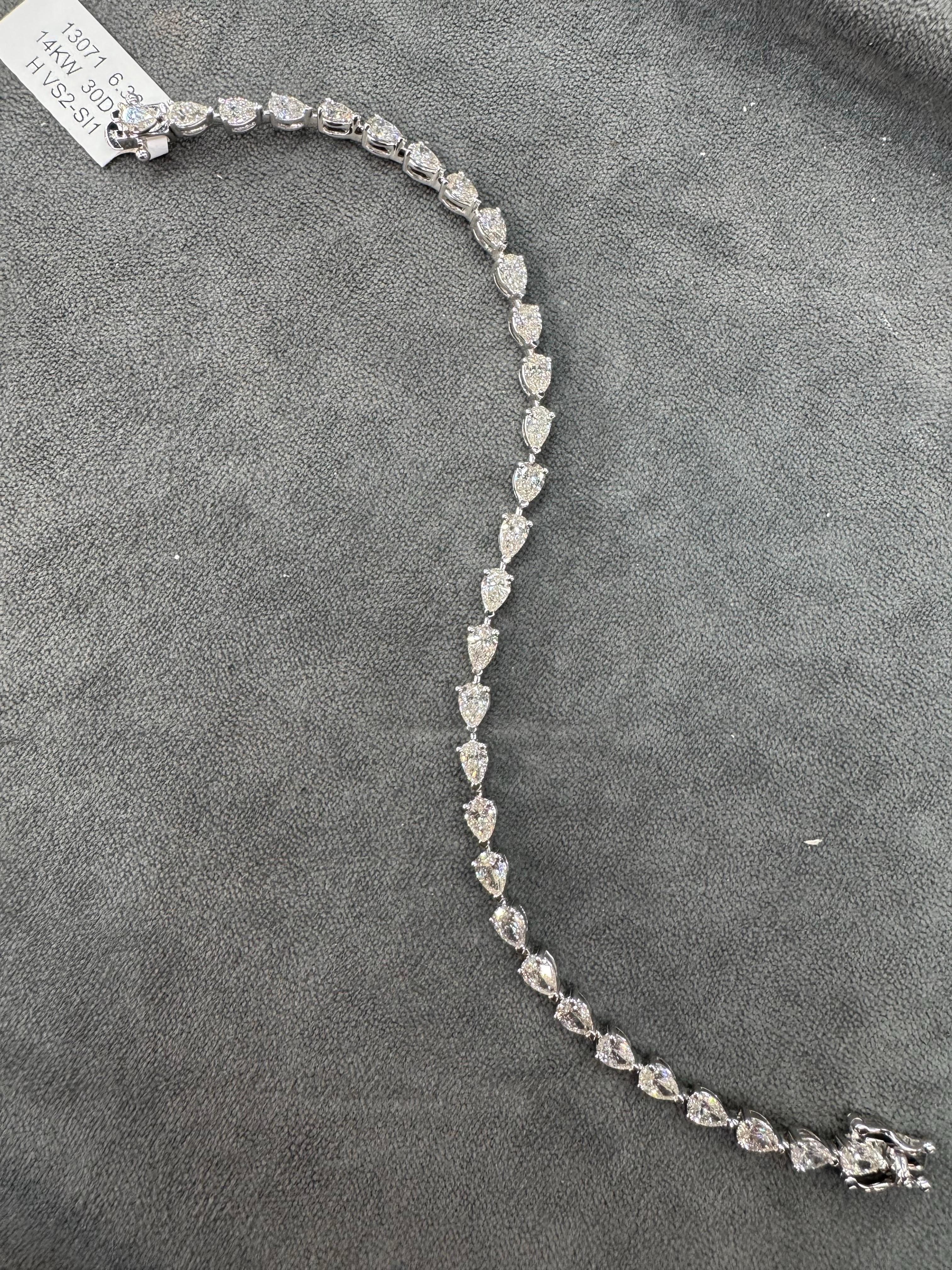 Pear Shape Diamond Tennis Bracelet 6.38 Carats 14 Karat White Gold H VS2-SI1 2