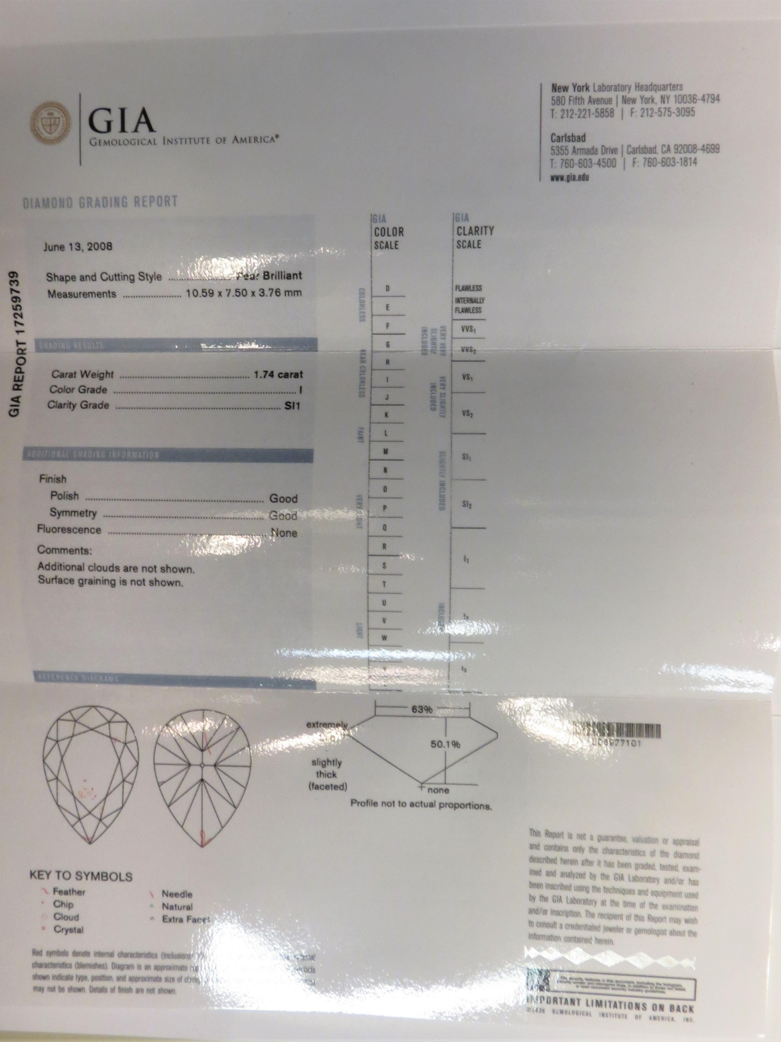 Pear Shape Diamond Weighing 1.74 Carat in Platinum Diamond Mounting 1