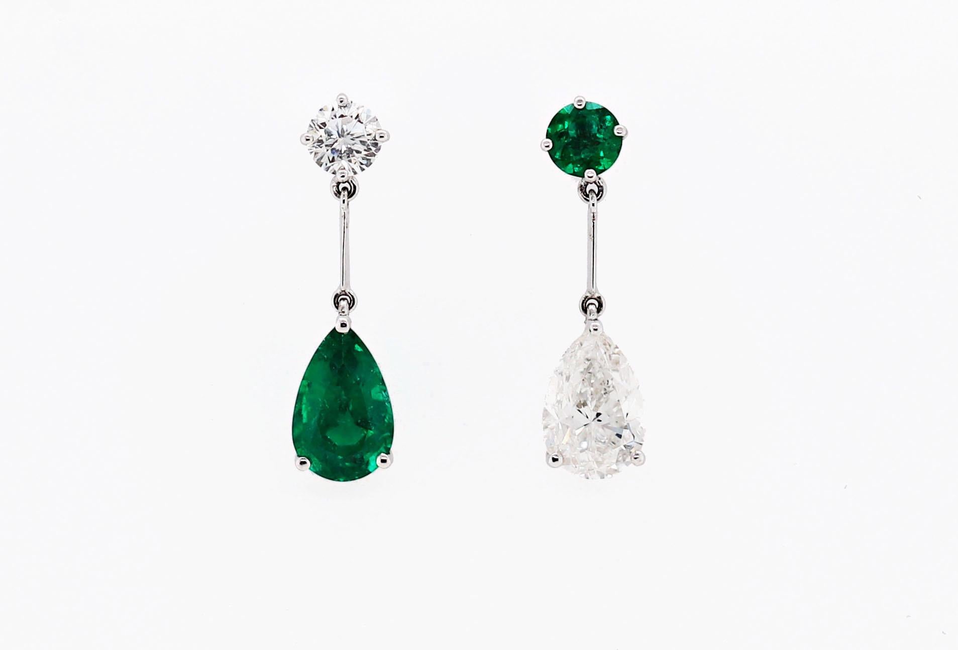 Pear Cut Pear Shape Emerald and Diamond 18 Carat White Gold Drop Earrings