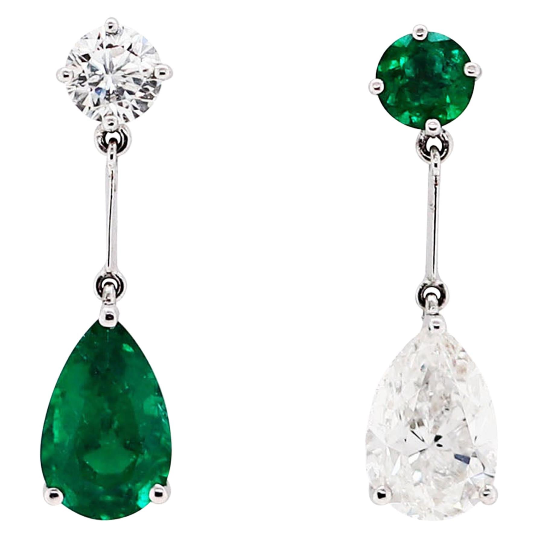 Pear Shape Emerald and Diamond 18 Carat White Gold Drop Earrings