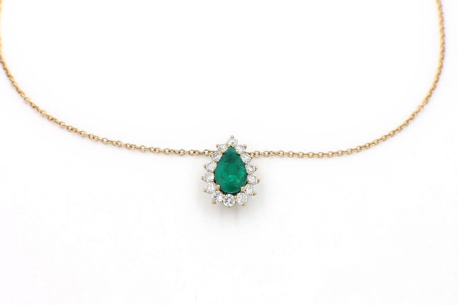Pear Shape Emerald and Diamond 6.00 Carat Necklace in 18 Karat Yellow Gold 1