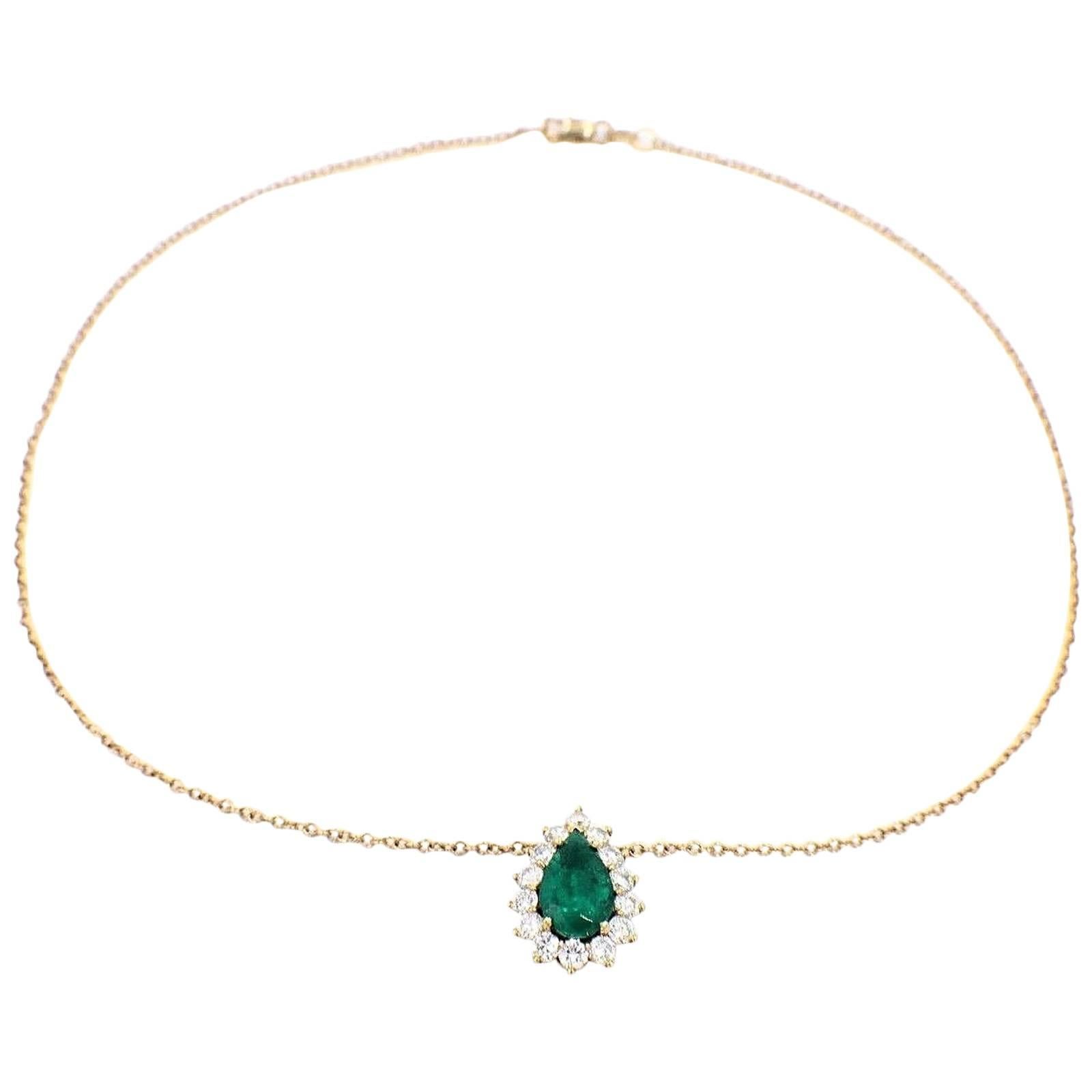 Pear Shape Emerald and Diamond 6.00 Carat Necklace in 18 Karat Yellow Gold