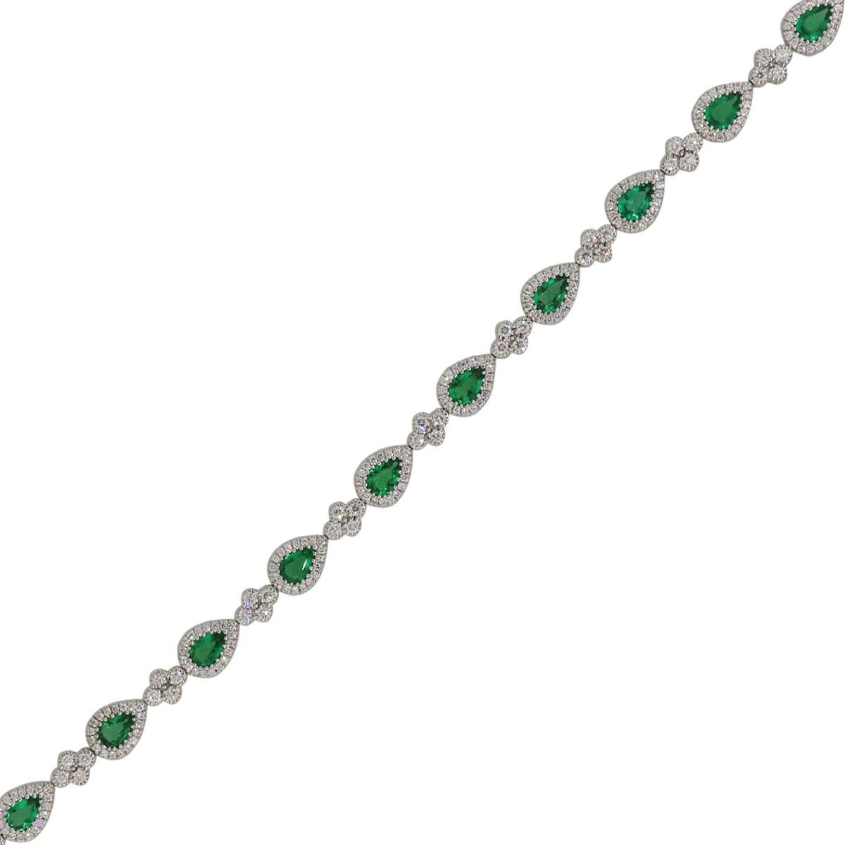 Material: 18k White Gold
Diamond Details: Approximately 2.18ctw of round brilliant diamonds. Diamonds are G/H in color and SI in clarity
Gemstone Details: Approximately 3.29tw of pear shape emeralds
Wrist size: Will fit up to a 7.25″