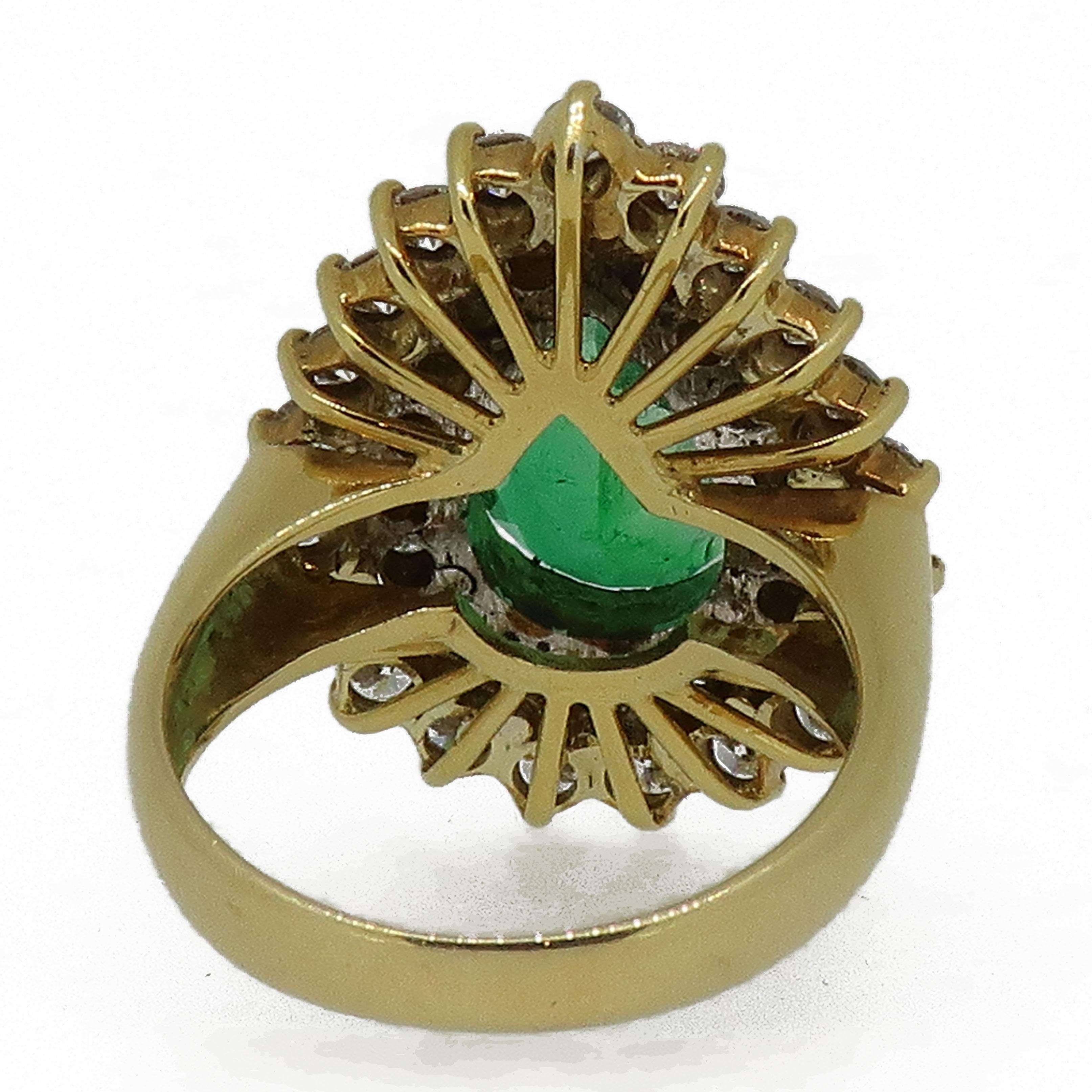 Pear Cut Pear Shape Emerald and Diamond Cluster Ring Yellow Gold For Sale