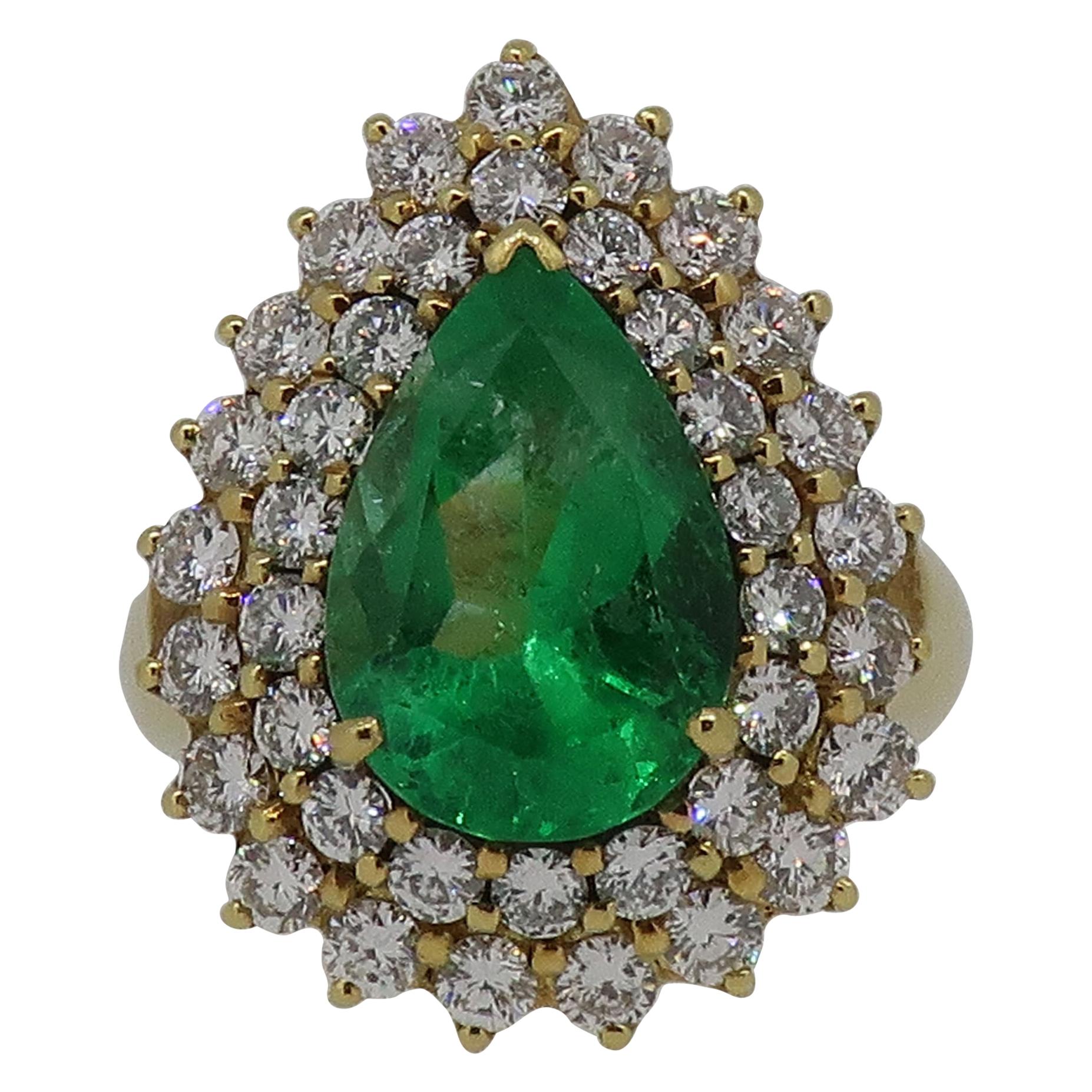 Pear Shape Emerald and Diamond Cluster Ring Yellow Gold For Sale
