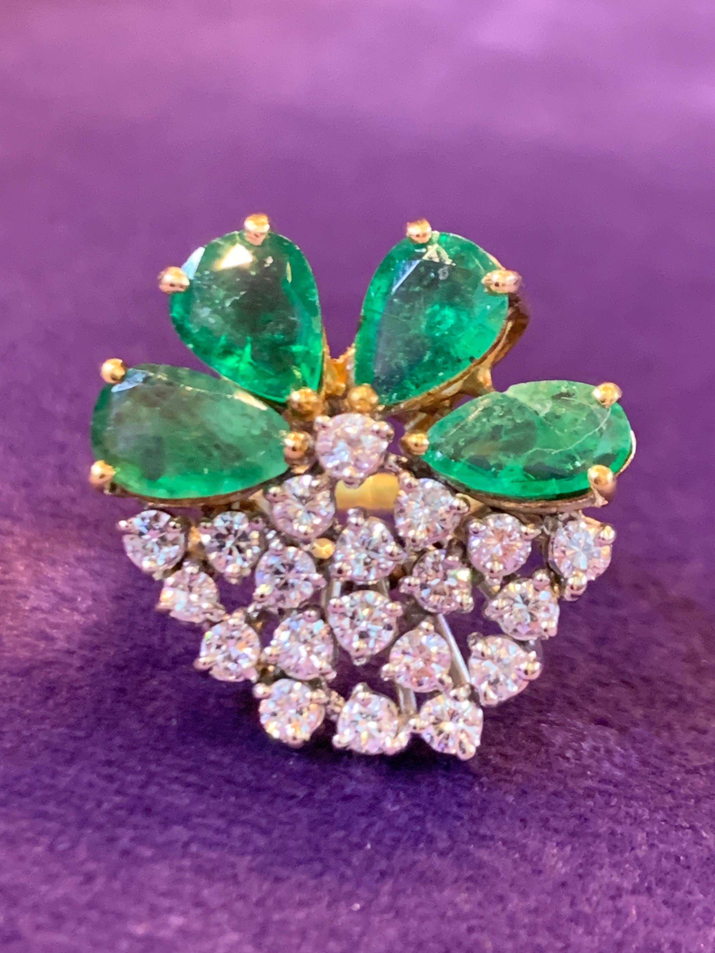 Pear Cut Pear Shape Emerald and Diamond Cocktail Ring For Sale
