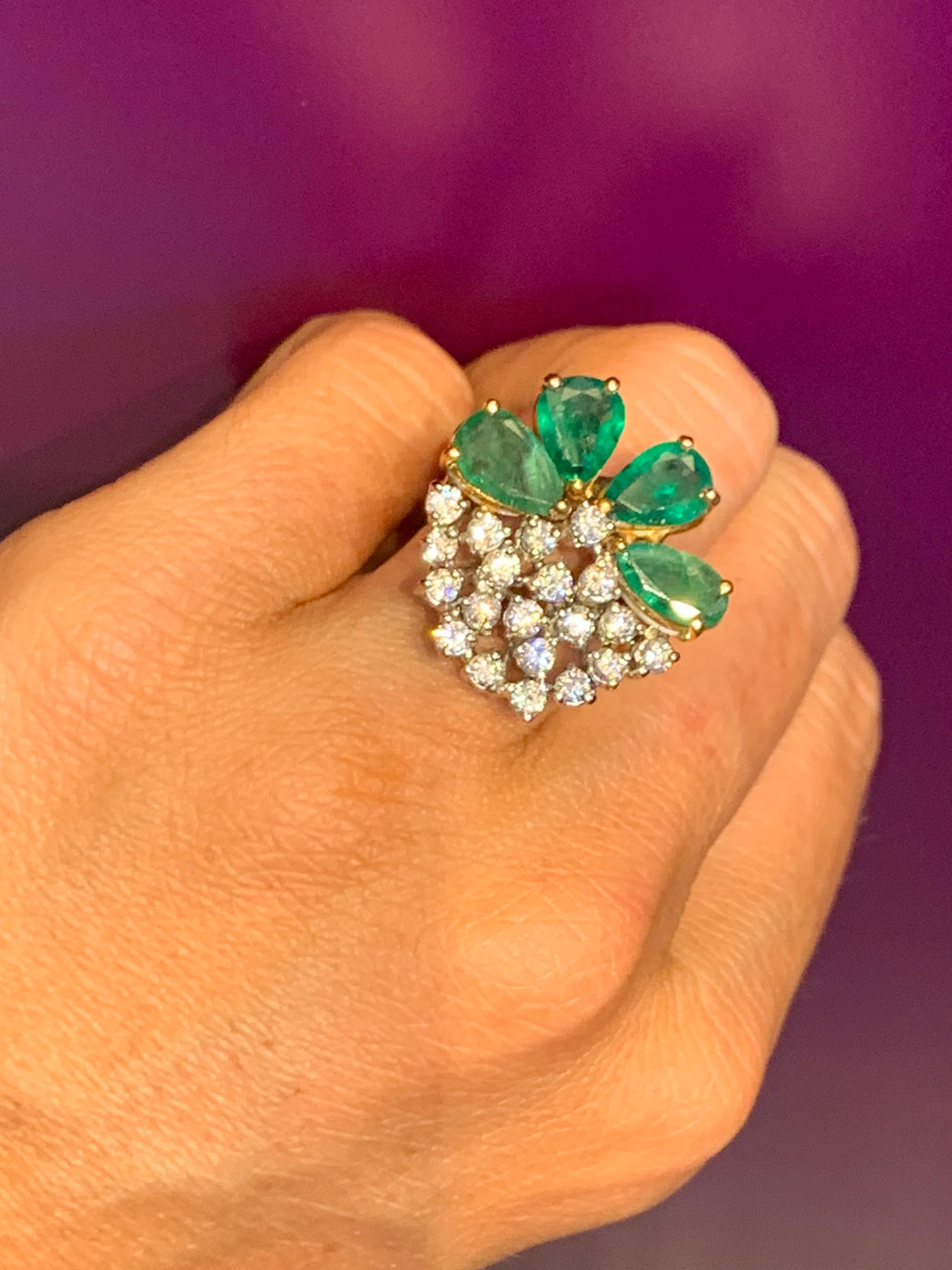 Pear Shape Emerald and Diamond Cocktail Ring In Excellent Condition For Sale In New York, NY