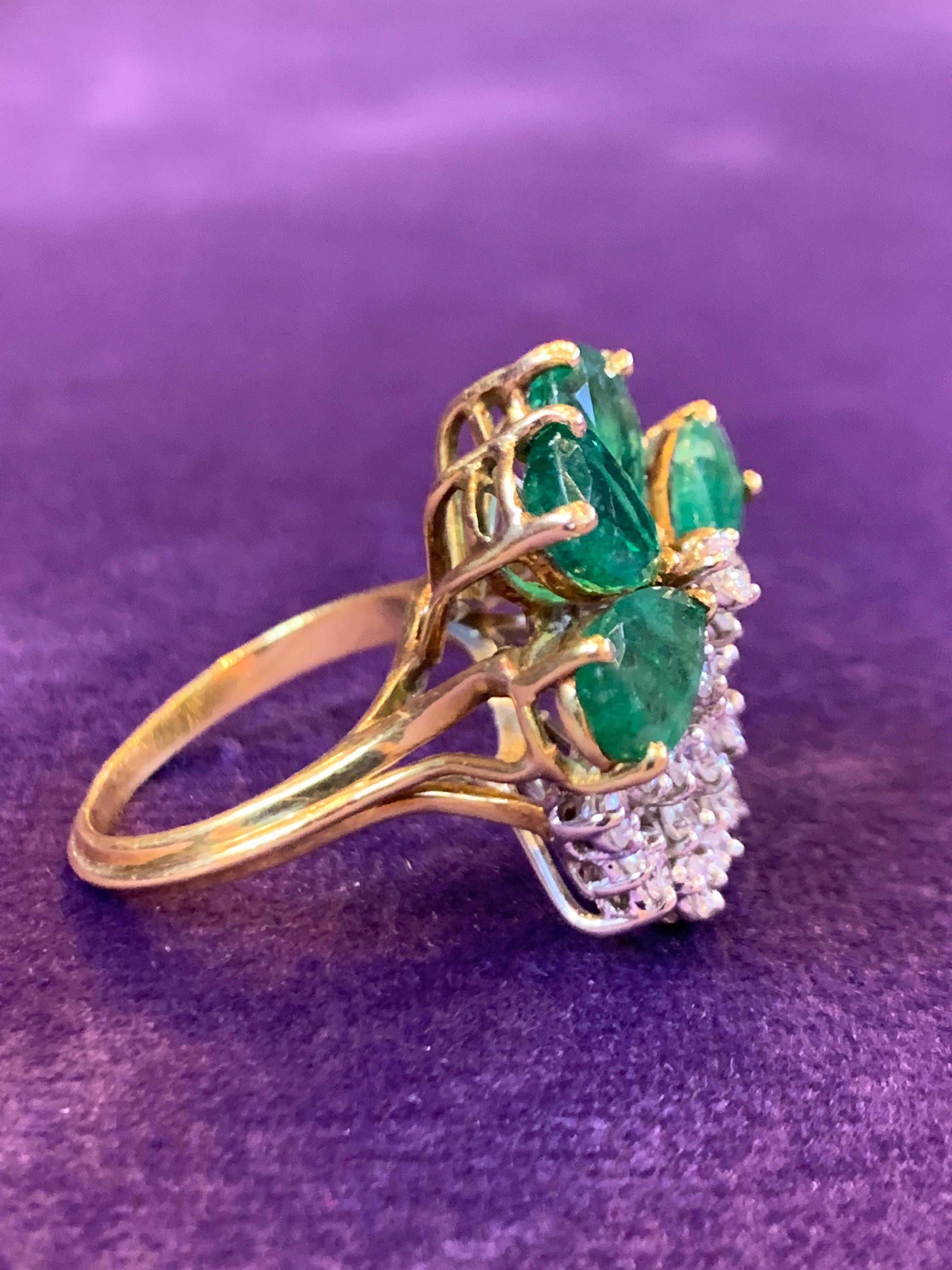 Women's Pear Shape Emerald and Diamond Cocktail Ring For Sale