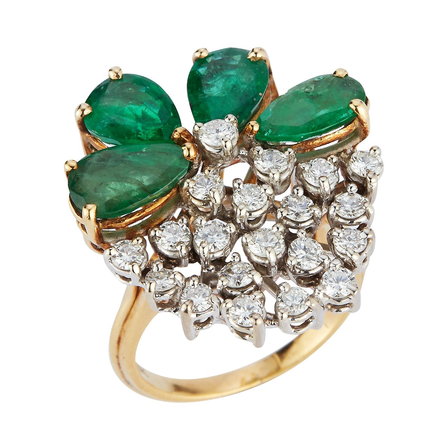 Cocktail-Ring mit Smaragd in Birnenform und Diamant