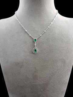 Roman Malakov, Pear Shape Emerald and Diamond Double Halo Drop Pendant Necklace