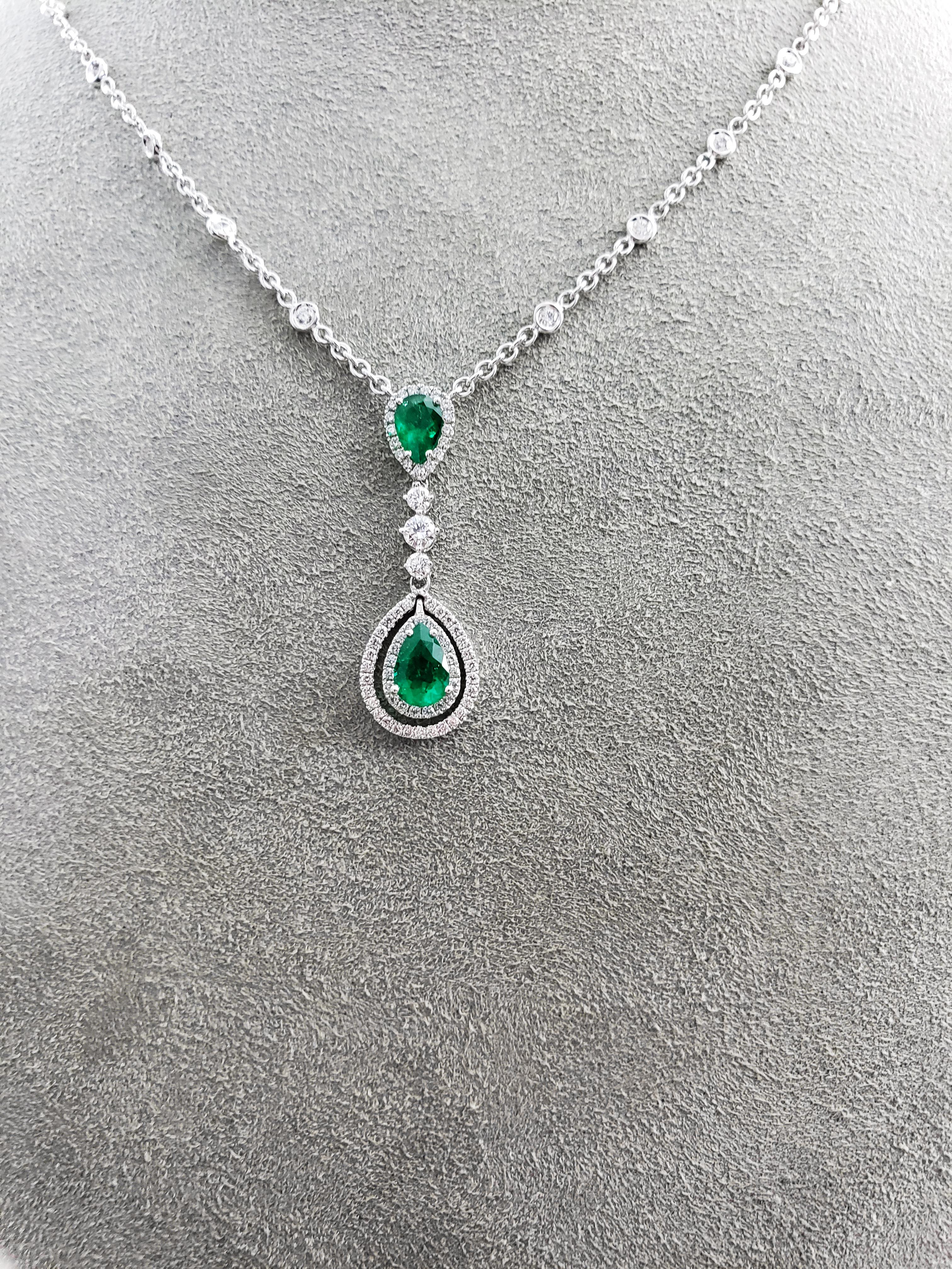 Contemporary Roman Malakov, Pear Shape Emerald and Diamond Double Halo Drop Pendant Necklace