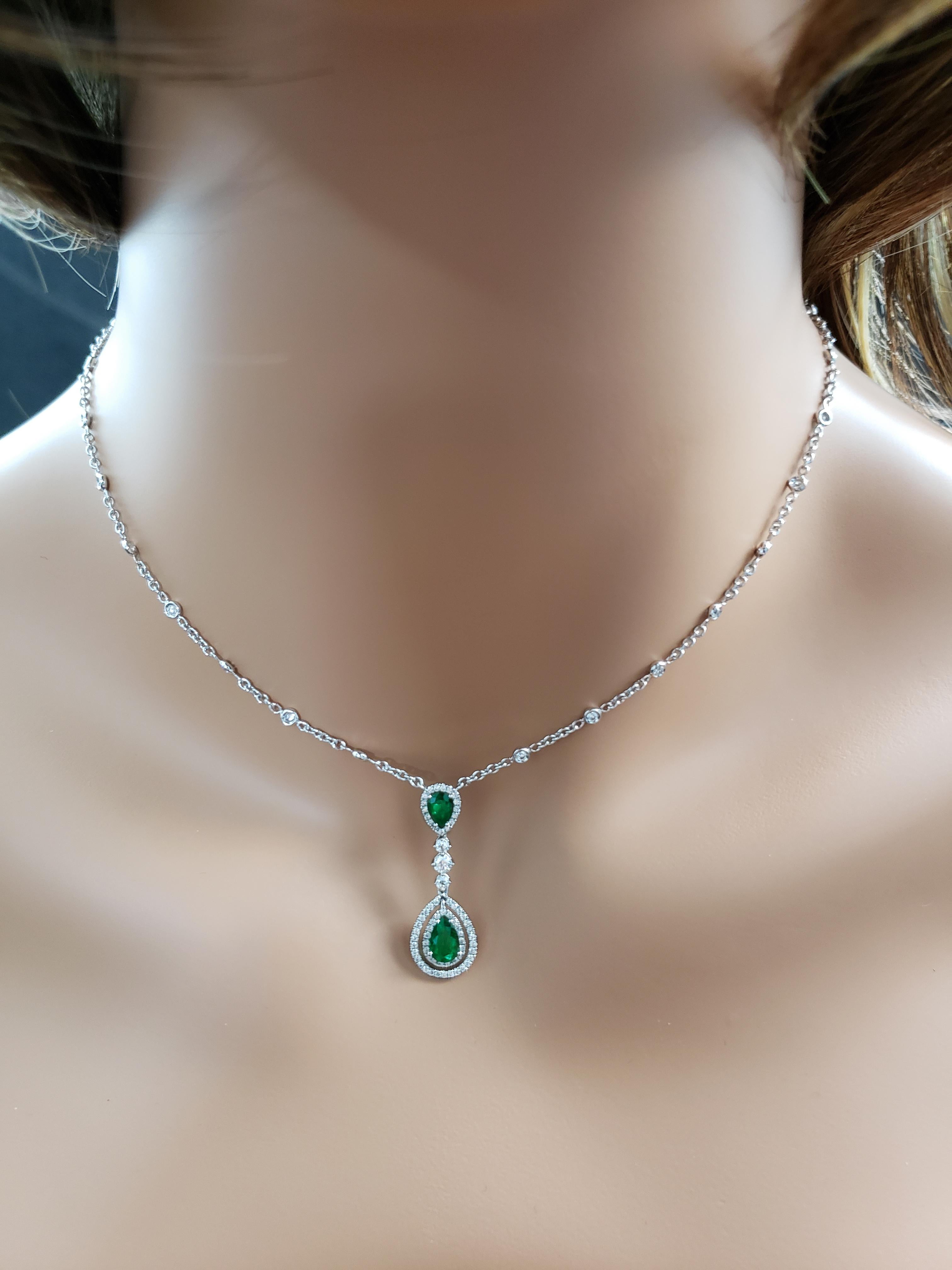 Pear Cut Roman Malakov, Pear Shape Emerald and Diamond Double Halo Drop Pendant Necklace
