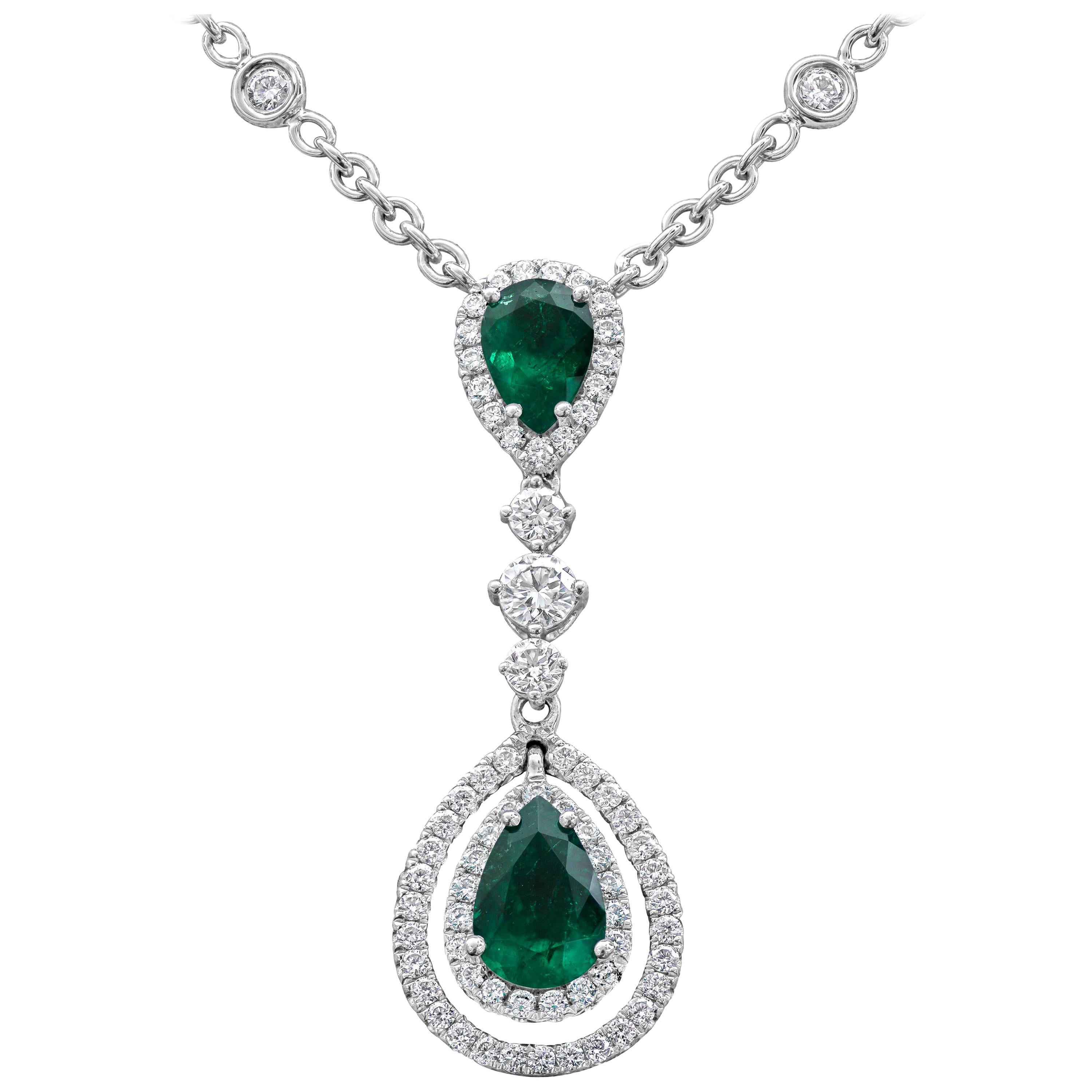 Roman Malakov, Pear Shape Emerald and Diamond Double Halo Drop Pendant Necklace
