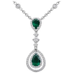 Roman Malakov, Pear Shape Emerald and Diamond Double Halo Drop Pendant Necklace