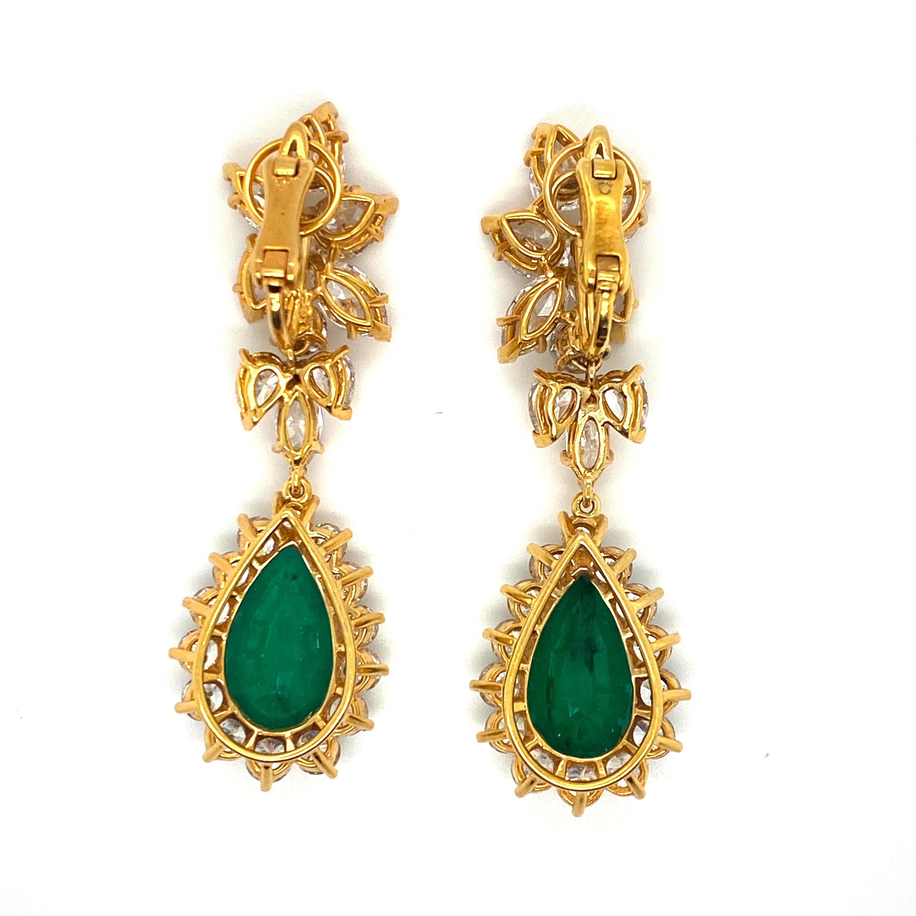 Modern Pear Shape Emerald and Diamond Drop Earrings For Sale