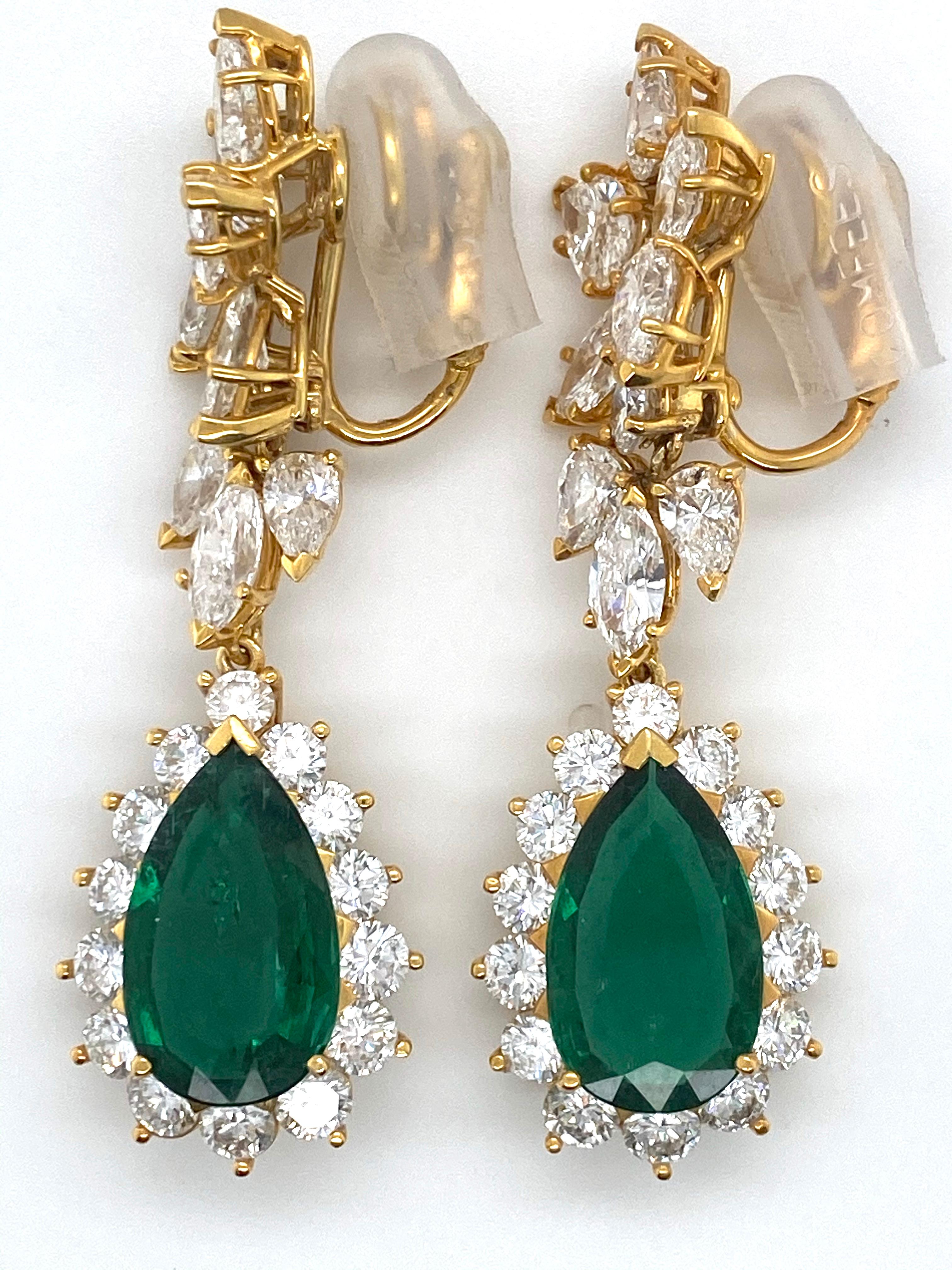 Pear Cut Pear Shape Emerald and Diamond Drop Earrings For Sale