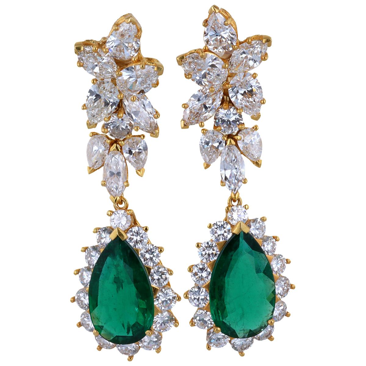 Pear Shape Emerald and Diamond Drop Earrings For Sale