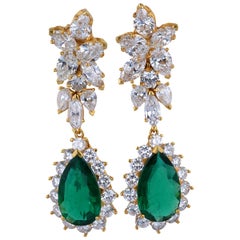 Pear Shape Emerald and Diamond Drop Earrings